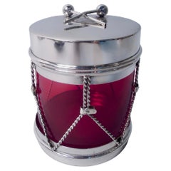 Cartier Midcentury Modern Red Glass & Sterling Silver Drum Jam Jar