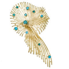 Cartier Midcentury Turquoise Yellow Gold Flower Brooch