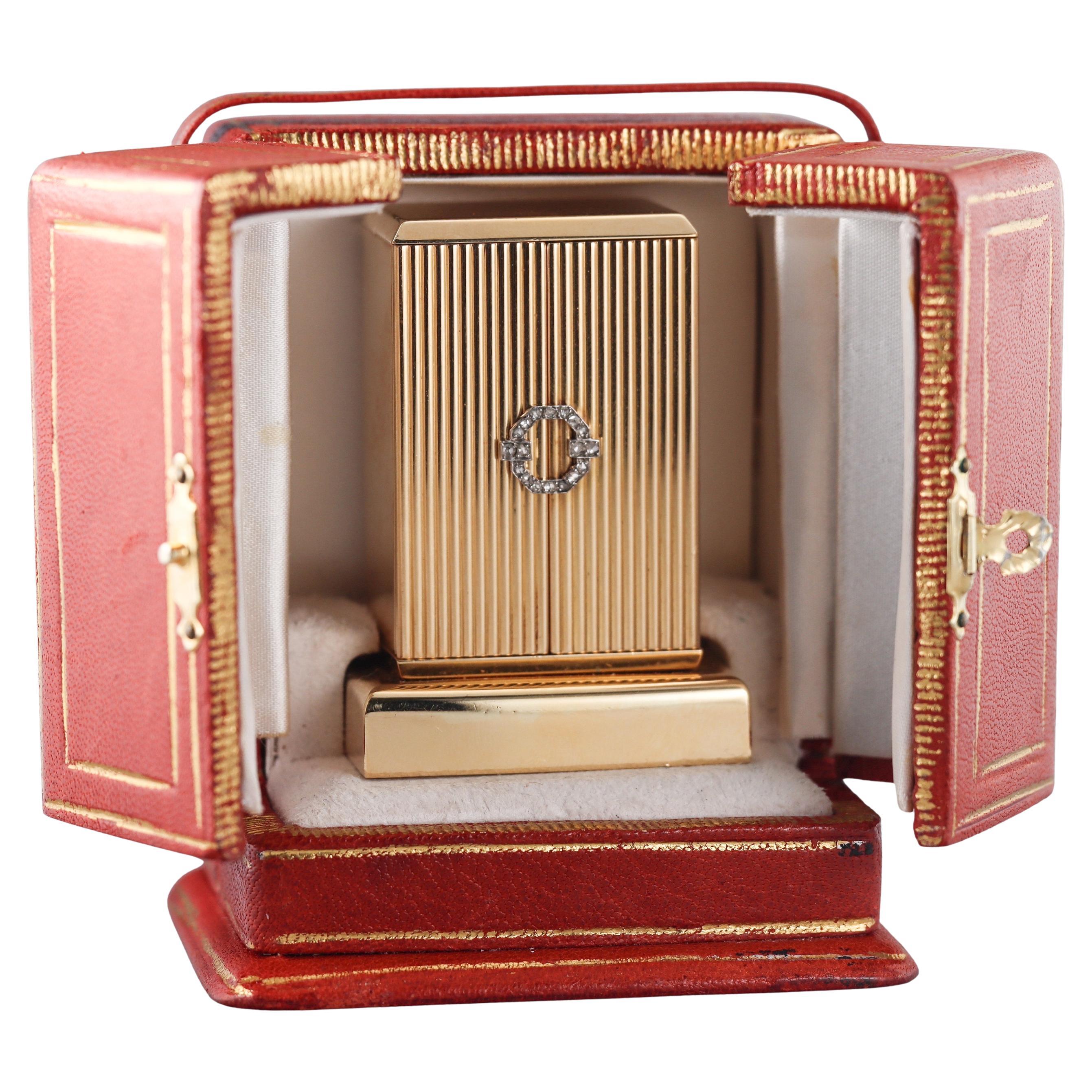 Cartier Midcentury Yellow Gold Diamond Desk Clock For Sale