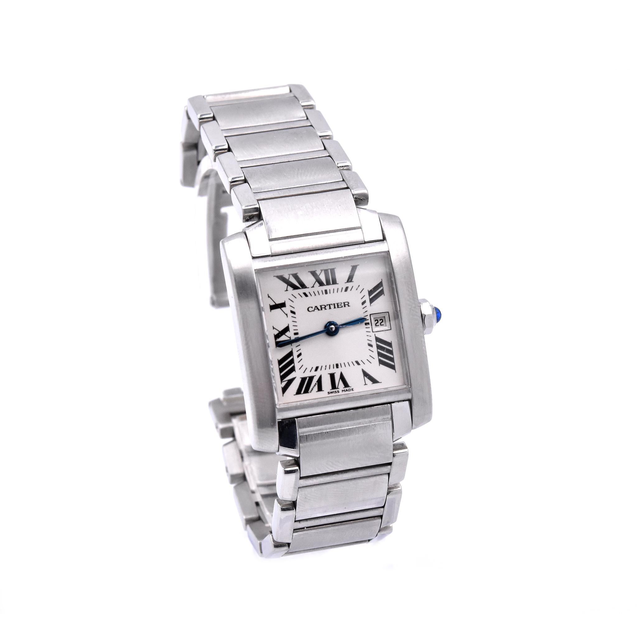 Movement: quartz
Function: hours, minutes, date
Case: 24.5mm x 32.5mm rectangular case, push pull crown, sapphire crystal
Dial: white dial, blue steeled hands, roman numeral hour markers
Band: stainless steel bracelet with butterfly clasp
Serial #: