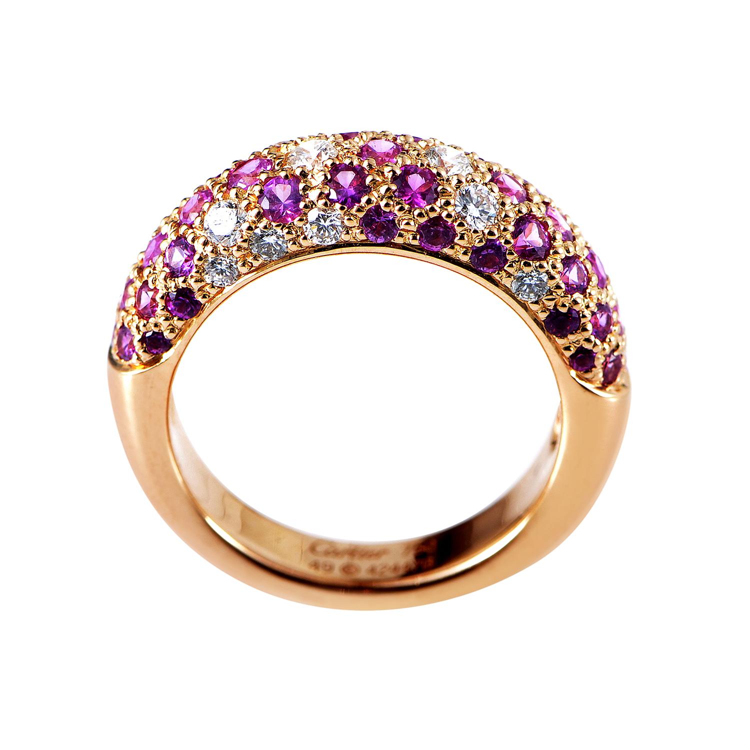 Featuring the ever-enchanting combination of charming nuance of 18K rose gold and lovely appeal of splendid white diamonds and feminine purple sapphires, this spectacular ring from renowned Cartier boasts exceptional design, offering dazzling