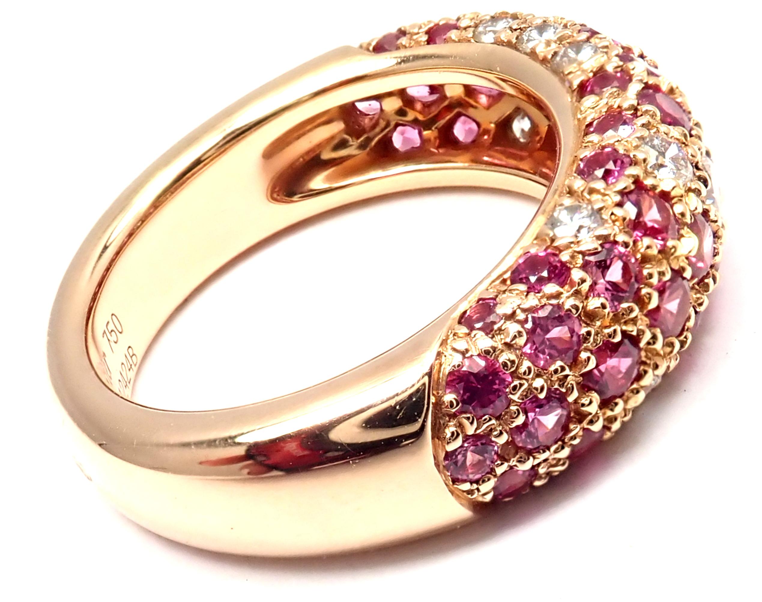 18k Rose Gold Diamond Pink Sapphire Mimi Ring by Cartier.
With 7 round brilliant cut diamonds VVS1 clarity, G color total weight approx. .25ct
And round pink sapphires
Details:
Size: European 46 US 3.75
Weight: 6.5 grams
Width: 6mm
Stamped