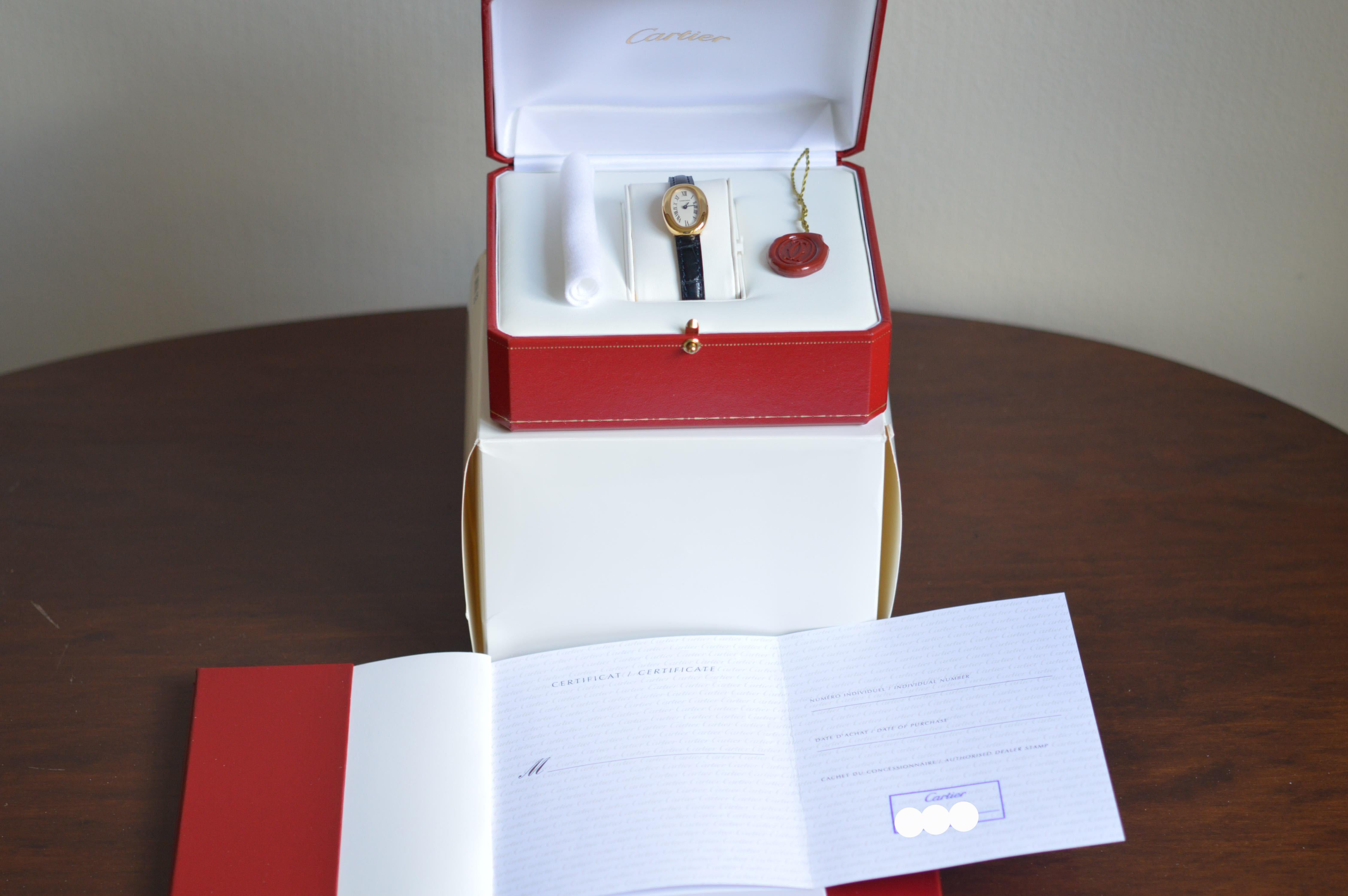 Women's Cartier Mini Baignoire 18k Yellow Gold Leather Strap Unworn Full Set For Sale