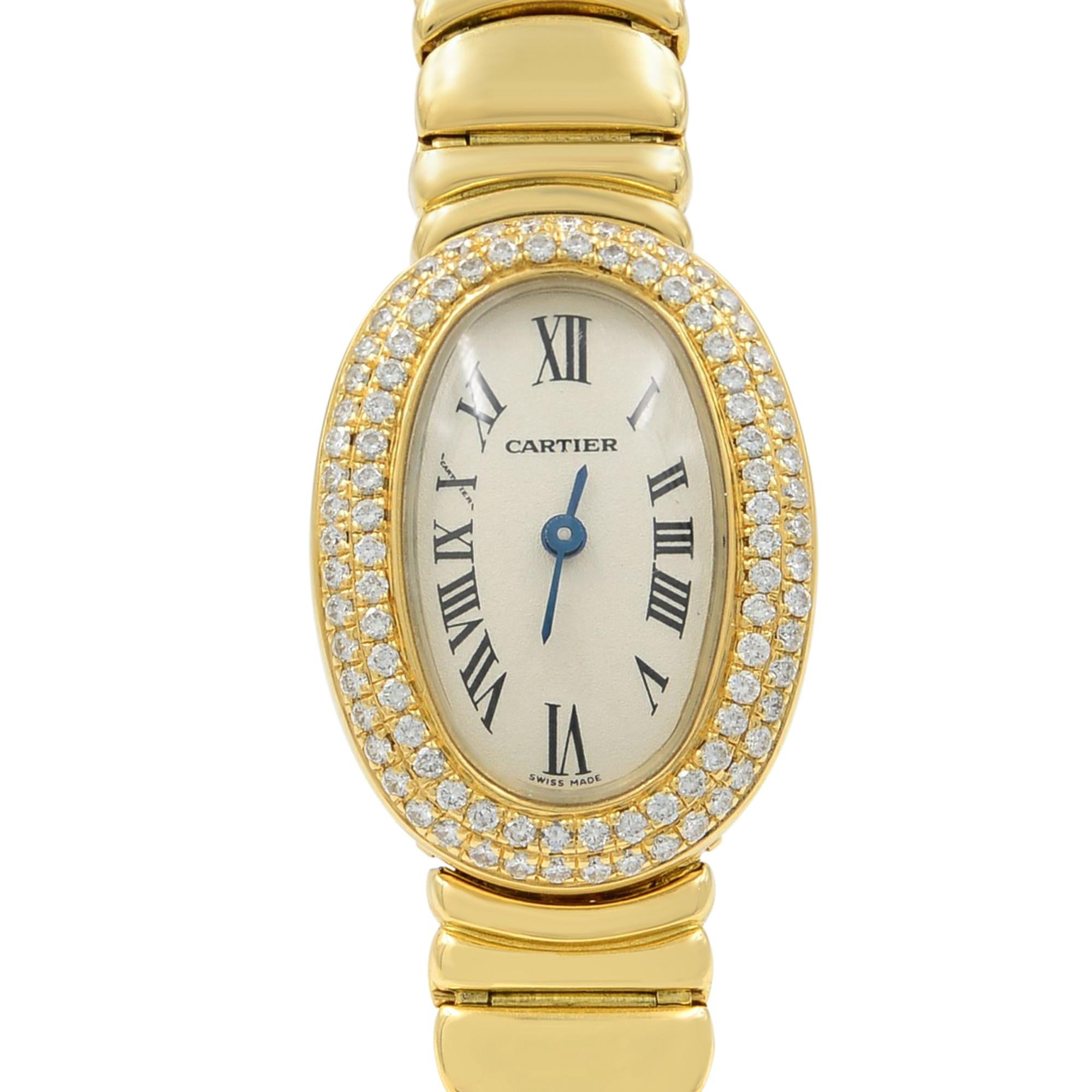This pre-owned Cartier Baignore  WB5094WI is a beautiful Ladie's timepiece that is powered by quartz (battery) movement which is cased in a yellow gold case. It has a oval shape face, diamonds dial and has hand roman numerals style markers. It is