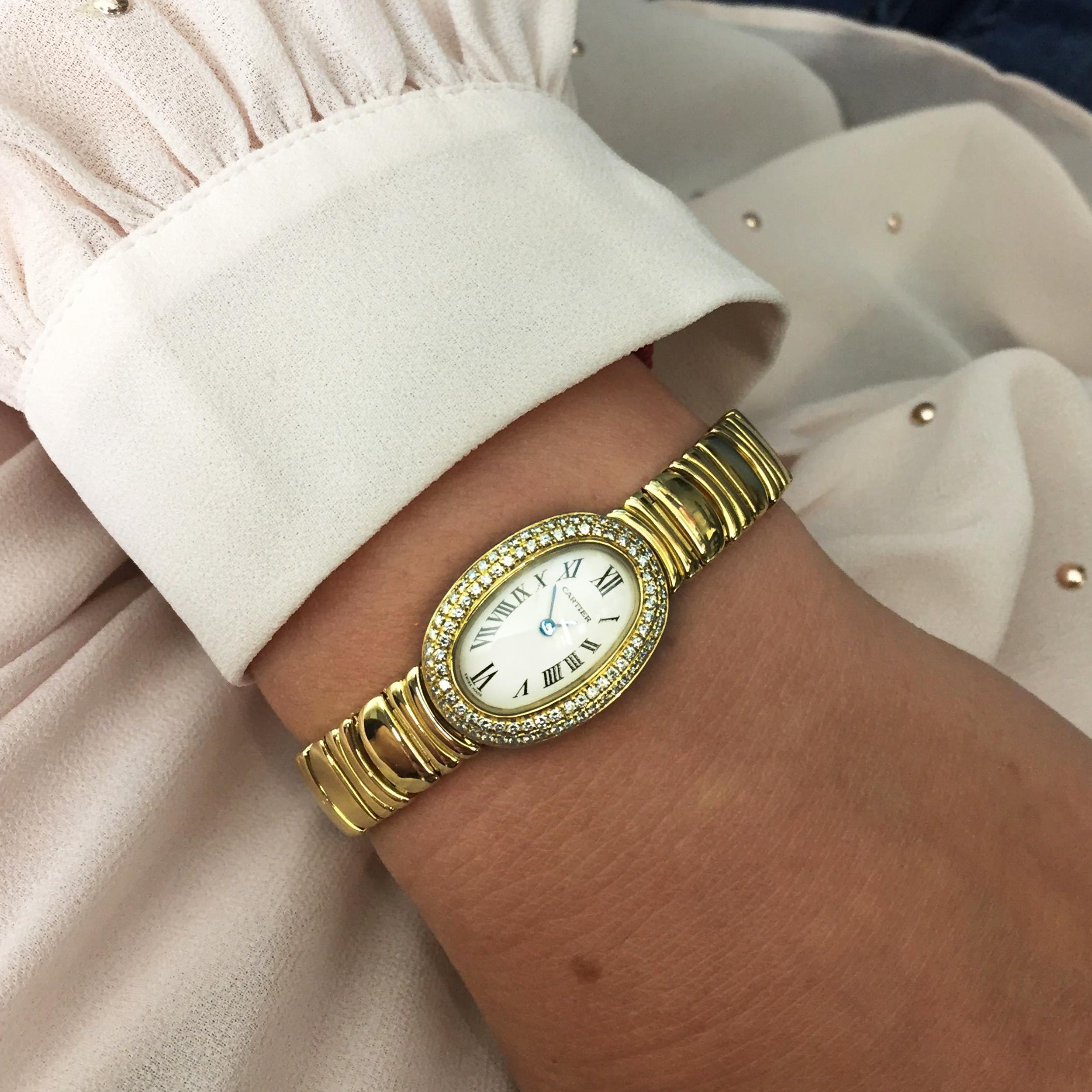 Women's Cartier Mini Baignoire 18K Yellow Gold Silver Dial Diamond Ladies Watch WB5094WI