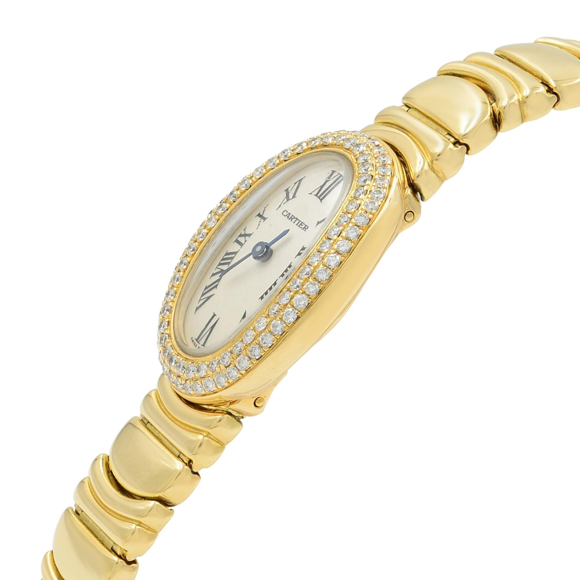 Cartier Mini Baignoire 18 Karat Gold Silver Dial Diamond WB5094WI Mint B/P In Excellent Condition In New York, NY