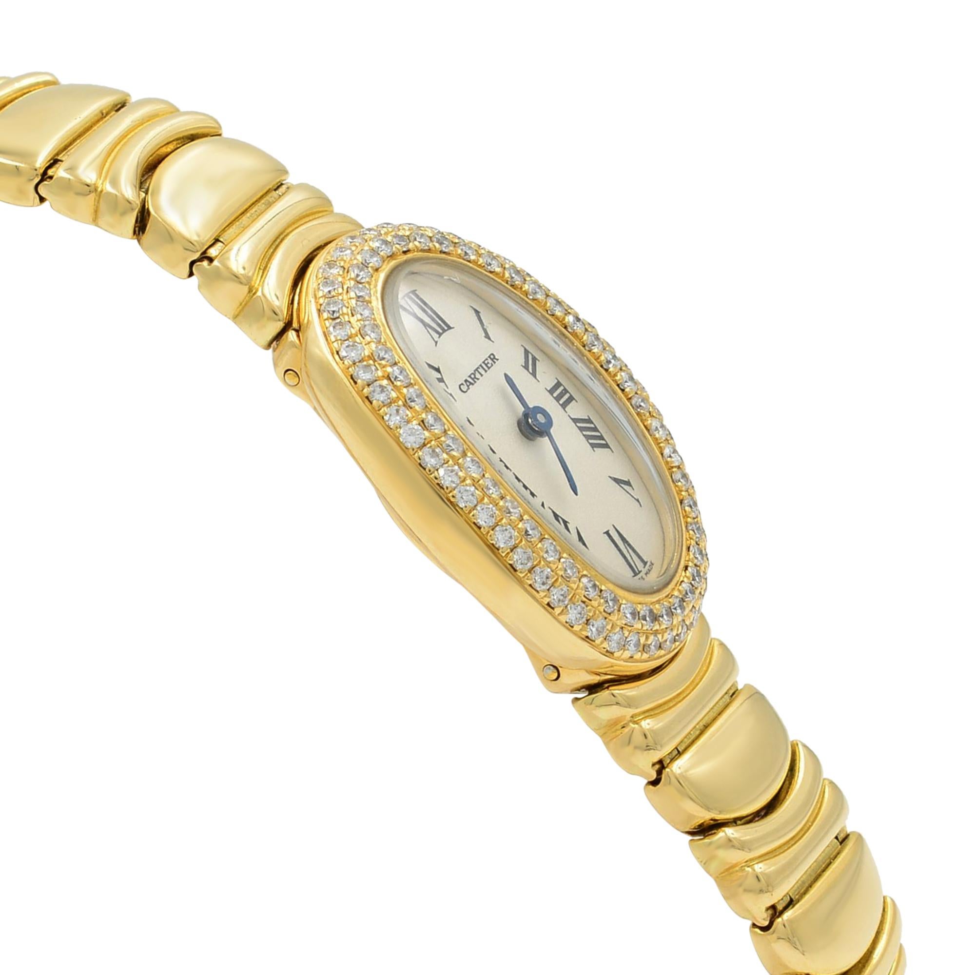 Women's Cartier Mini Baignoire 18 Karat Gold Silver Dial Diamond WB5094WI Mint B/P