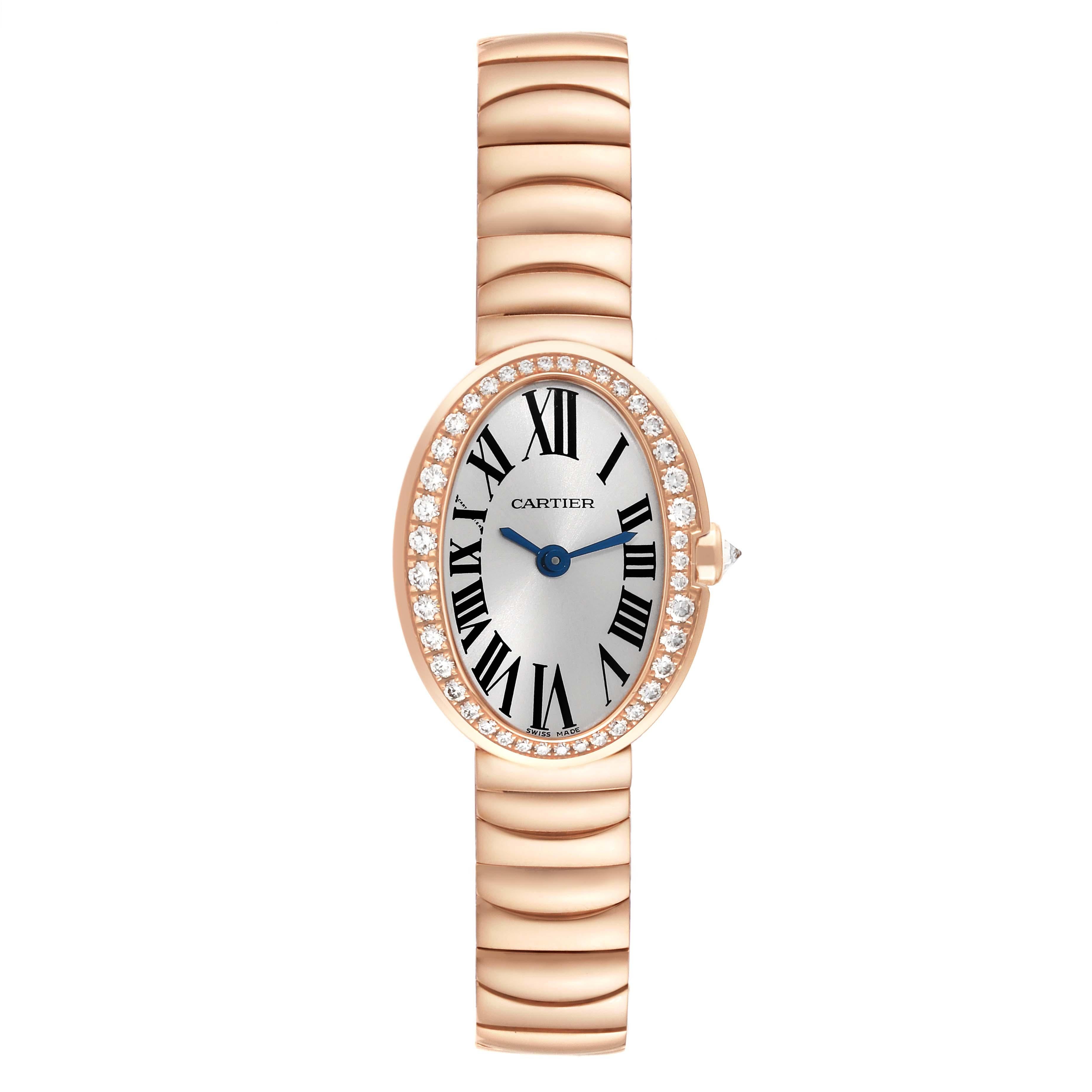 Cartier Mini Baignoire Rose Gold Diamond Ladies Watch WB520026. Quartz movement. 18k rose gold oval case 25.3 mm x 18.71 mm. Case thickness: 6.82 mm. The crown is set with an original Cartier factory diamond. 18k rose gold original Cartier factory