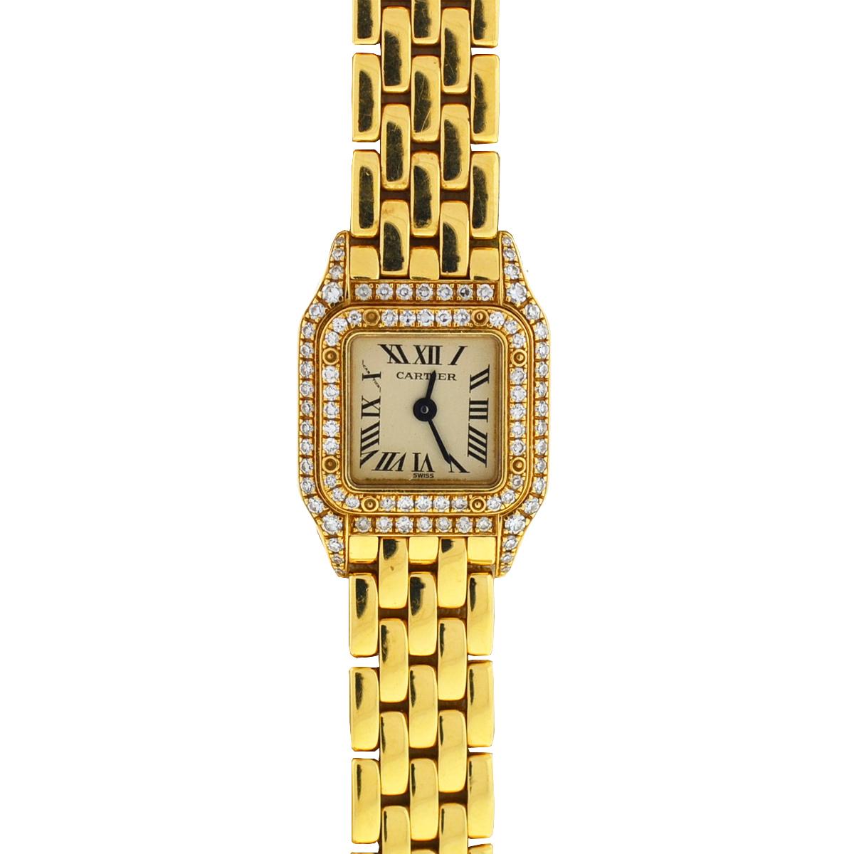 Company-Cartier
Style -Luxury Watch
Model-Mini Panthere Factory Diamonds
Reference Number01131
Case Metal-18k Yellow Gold
Weight -44.02 Grams
Case Measurement-17 mm
Bracelet-18k Yellow Gold
Dial-White- with roman numerals
Bezel-18k Yellow