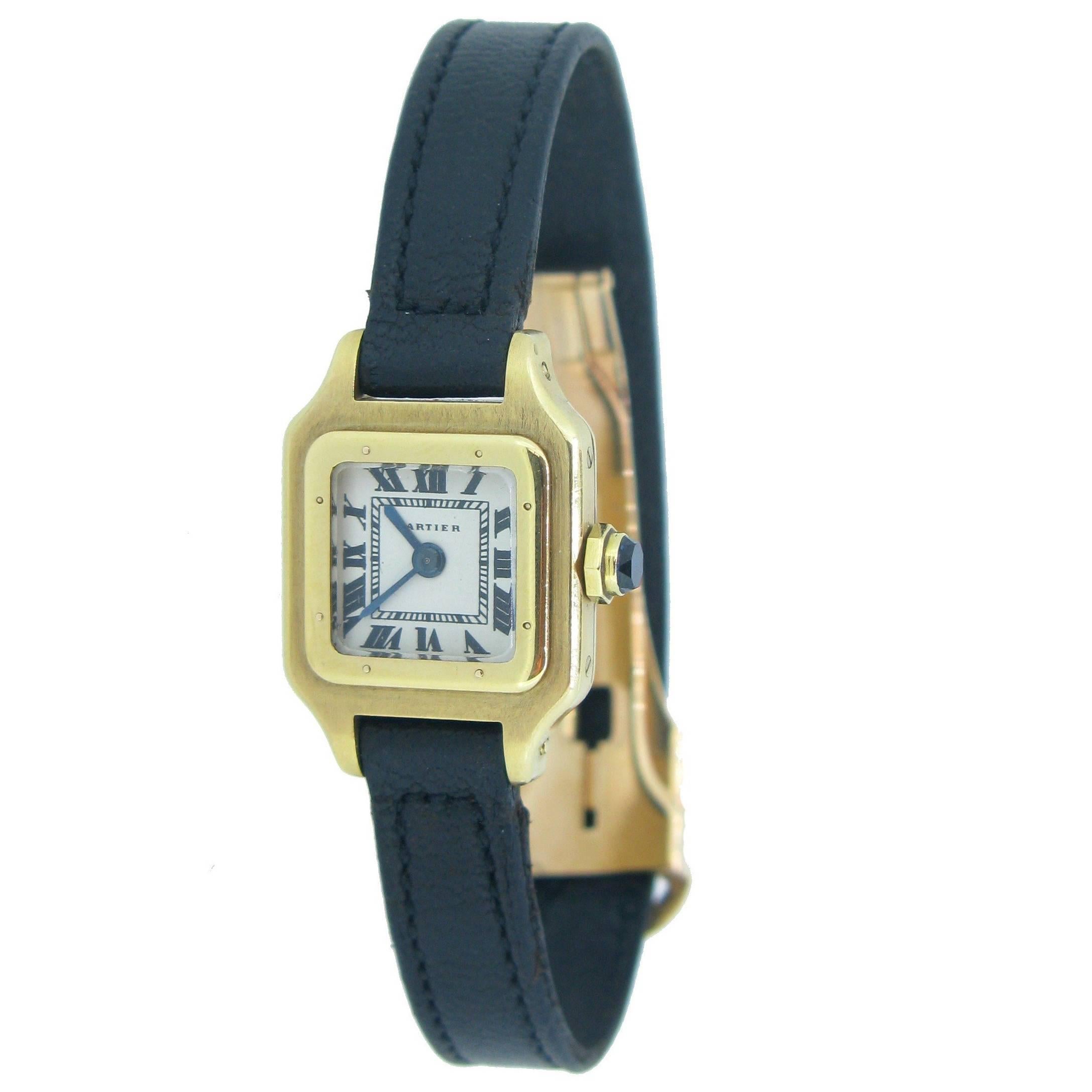 Cartier Mini "Santos" Small Manual Black Leather Yellow Gold Wristwatch 