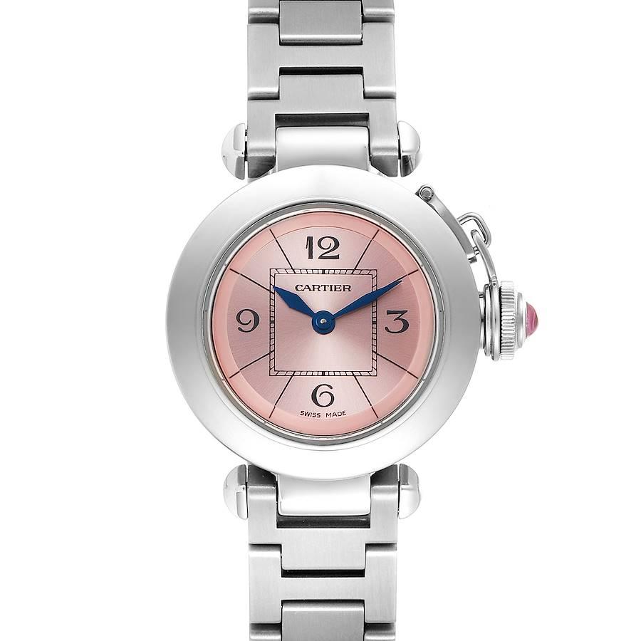 Cartier Miss Pasha Steel Pink Dial Ladies Watch W3140008 Box Papers. Quartz movement. Round three-body polished and brushed stainless steel case 27.0 mm in diameter. Vendome lugs. Winding-crown protection cap. Concave stainless steel bezel. Scratch