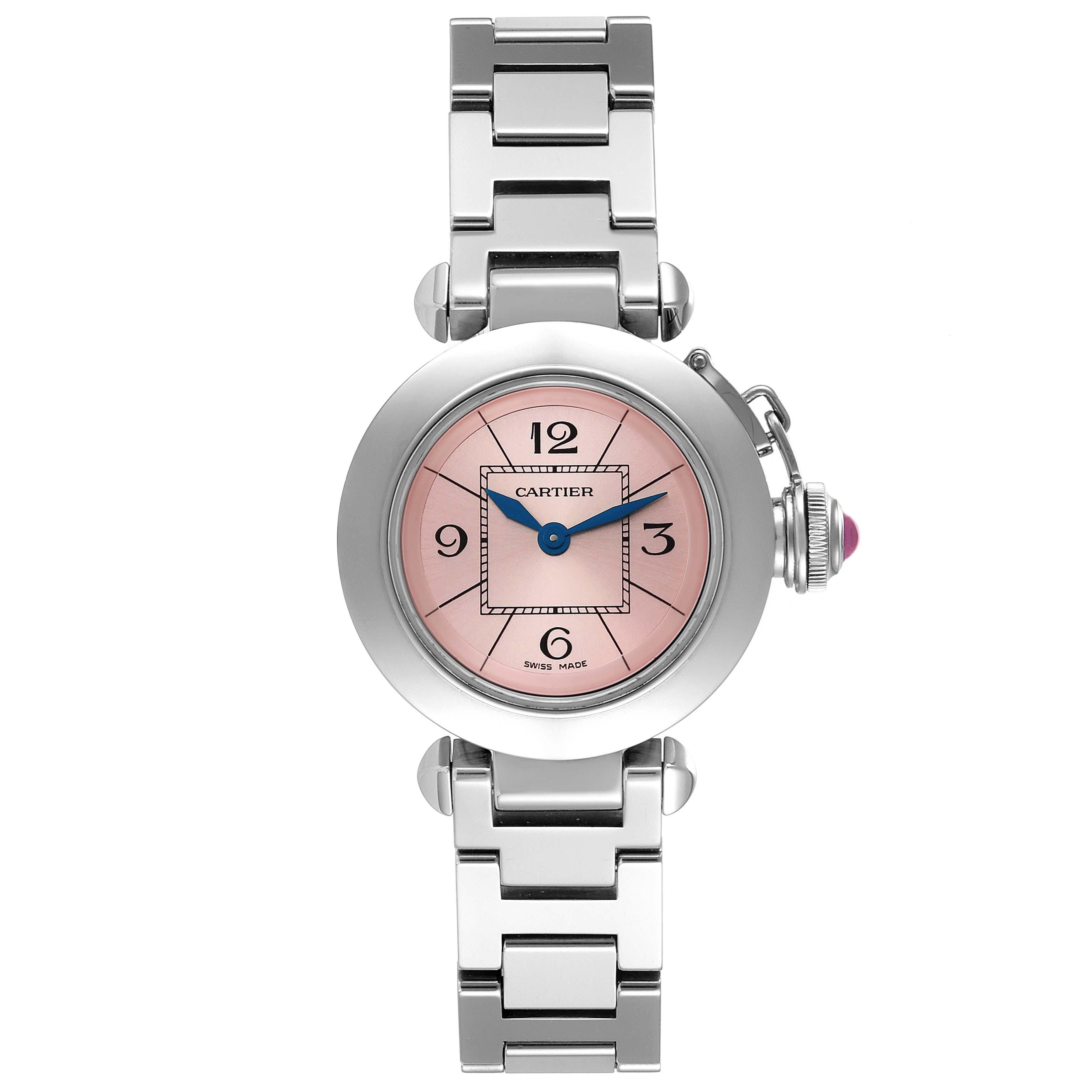 Cartier Miss Pasha Steel Pink Dial Ladies Watch W3140008 Box Papers. Quartz movement. Round polished and brushed stainless steel case 27.0 mm in diameter. Vendome lugs. Winding-crown protection cap set with a pink faceted cabochon. Concave stainless