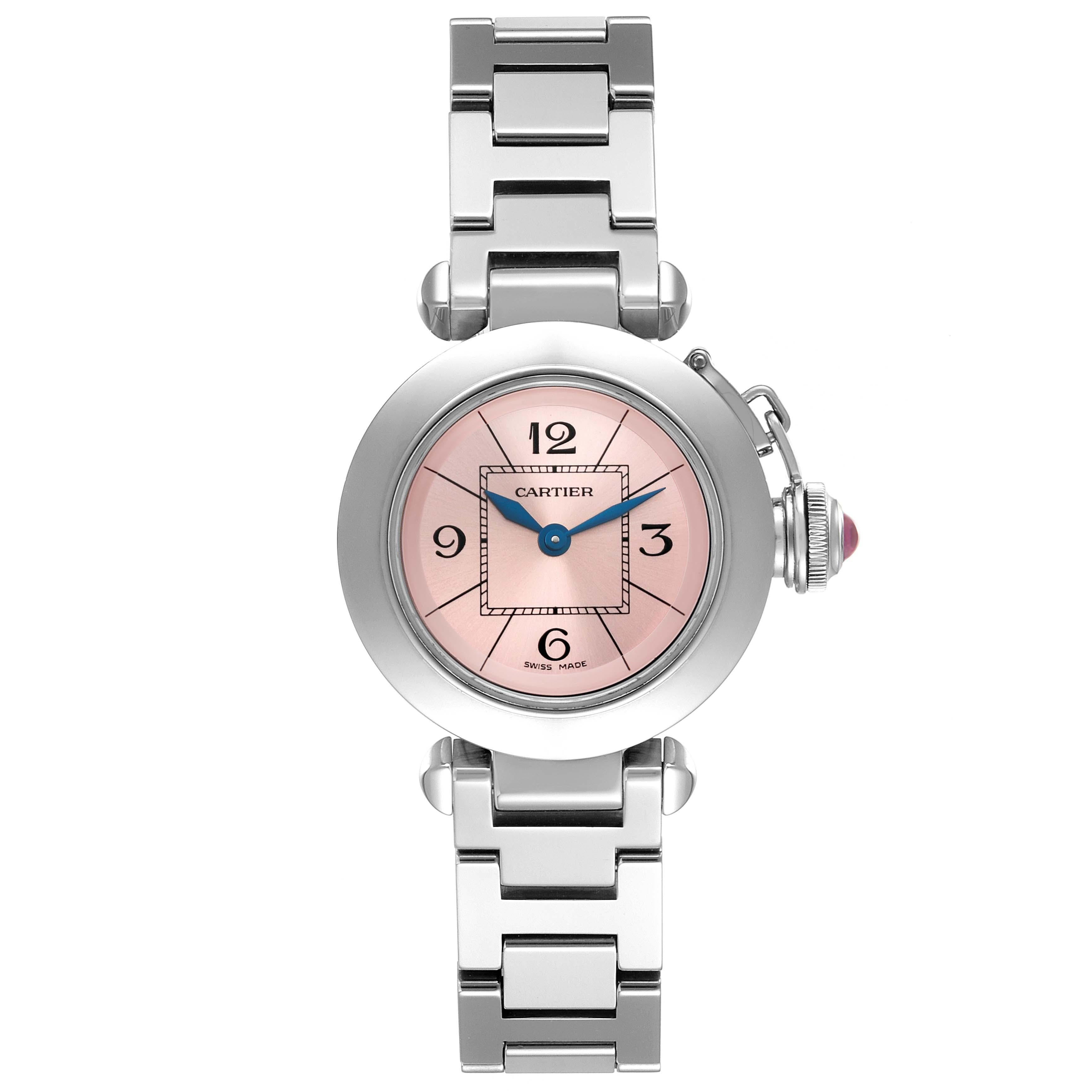Cartier Miss Pasha Steel Pink Dial Ladies Watch W3140008. Quartz movement. Round polished and brushed stainless steel case 27.0 mm in diameter. Vendome lugs. Winding-crown protection cap set with a pink faceted cabochon. Concave stainless steel