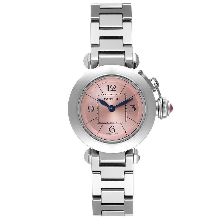 Cartier Miss Pasha Steel Pink Dial Ladies Watch W3140008 Papers. Quartz movement. Round three-body polished and brushed stainless steel case 27.0 mm in diameter. Vendome lugs. Winding-crown protection cap. Concave stainless steel bezel. Scratch