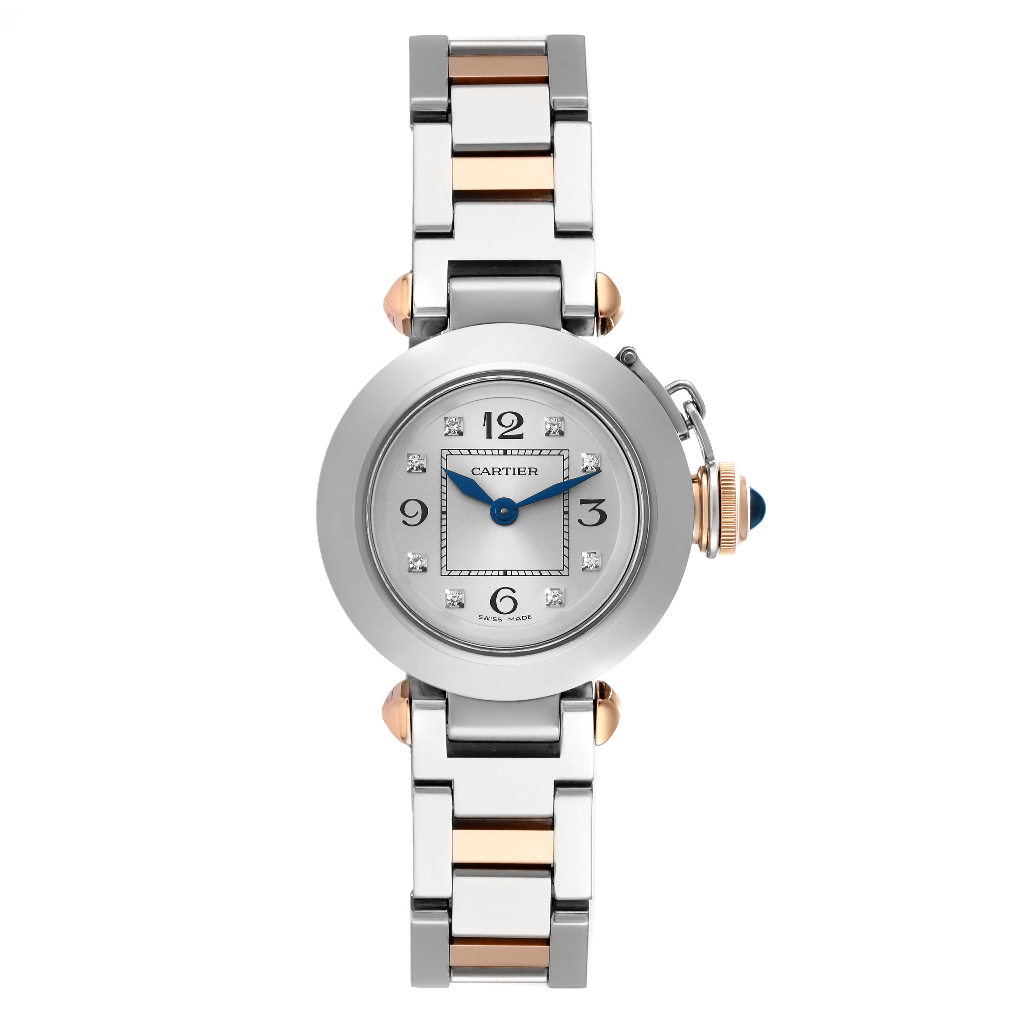 Cartier Miss Pasha Steel Rose Gold Diamond Dial Ladies Watch WJ124020 Papers. Quartz movement. Round three-body polished and brushed stainless steel case 27.0 mm in diameter. Vendome lugs. 18k rose gold winding-crown protection cap set with the blue