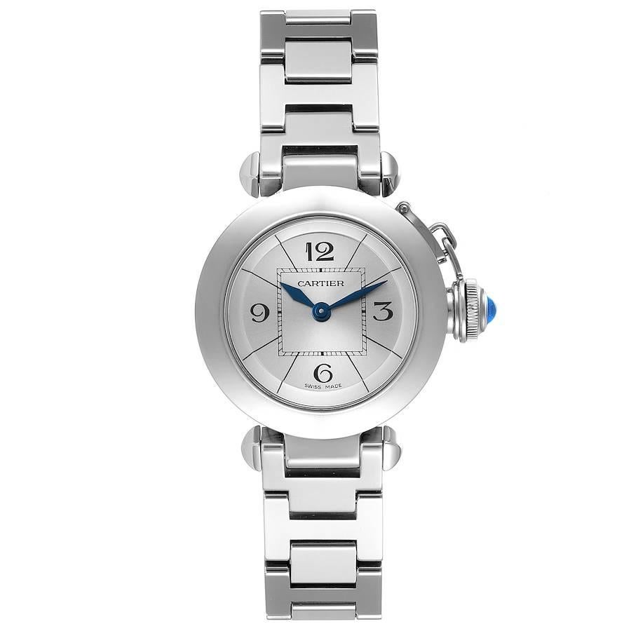 Cartier Miss Pasha Steel Silver Dial Quartz Ladies Watch W3140007. Quartz movement. Round three-body polished and brushed stainless steel case 27.0 mm in diameter. Vendome lugs. Winding-crown protection cap. Concave stainless steel bezel. Scratch