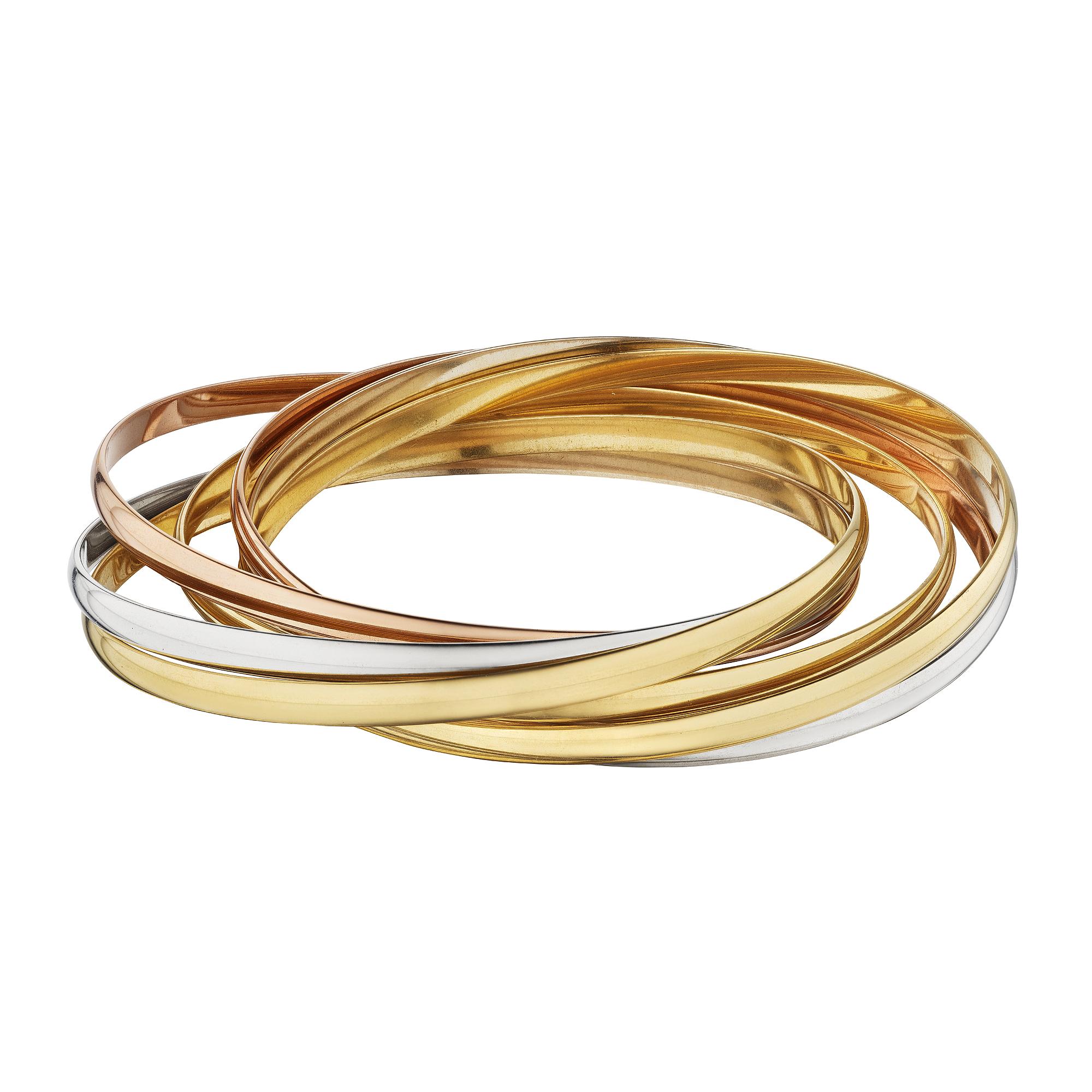 Dieses modernistische, dreifarbige Cartier-Armband aus 18 Karat Gold mit sechs Strängen zum Rollen ist ein echter Hingucker.  Lässt sich leicht auftragen und hält 24/7.  Signiert Cartier.  Seriennummer 946563.  Circa 1980.  Größe klein-mittel.