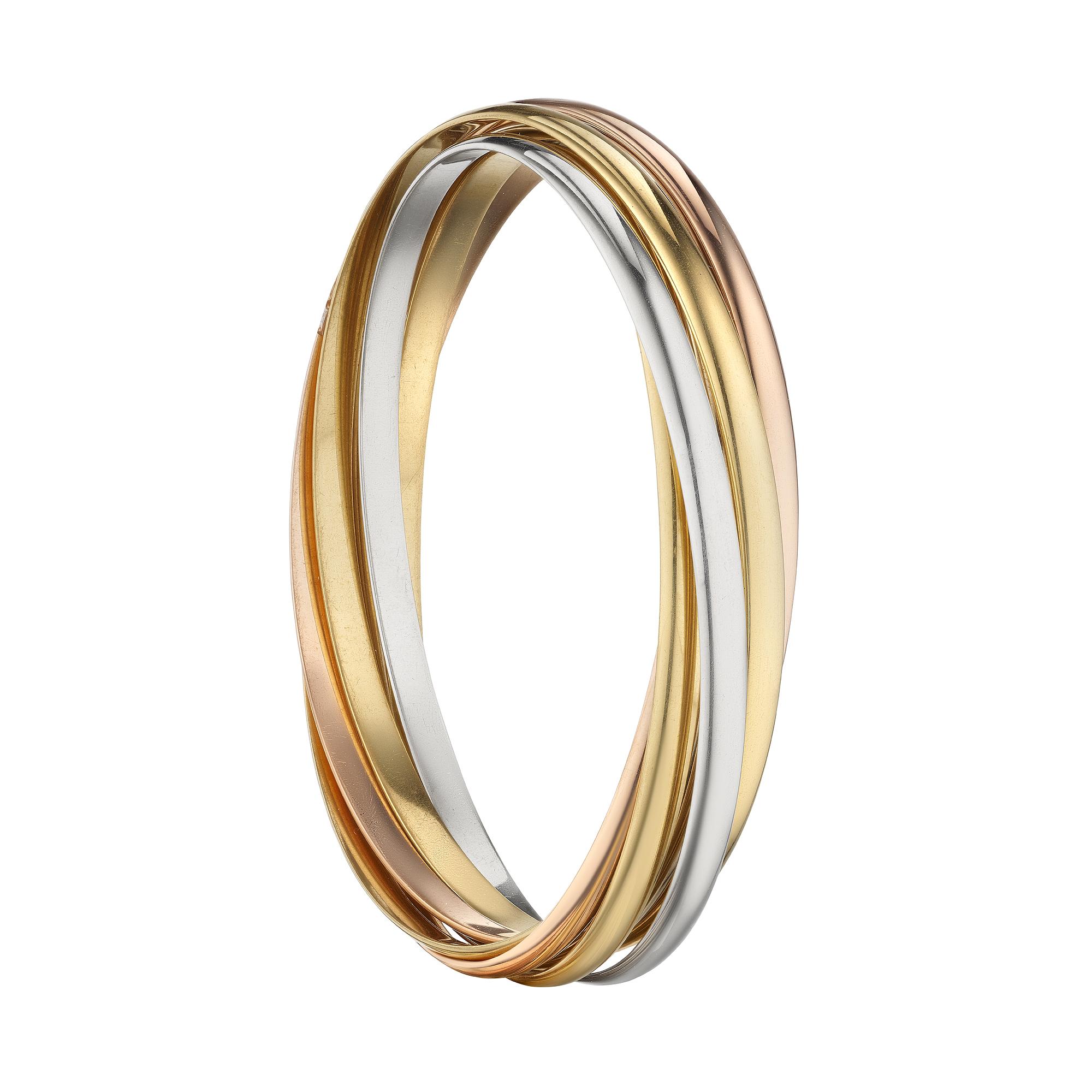 Cartier Modernistischer dreifarbiger, sechsstrangiger, Rolling Armreif aus Gold im Zustand „Hervorragend“ in Greenwich, CT