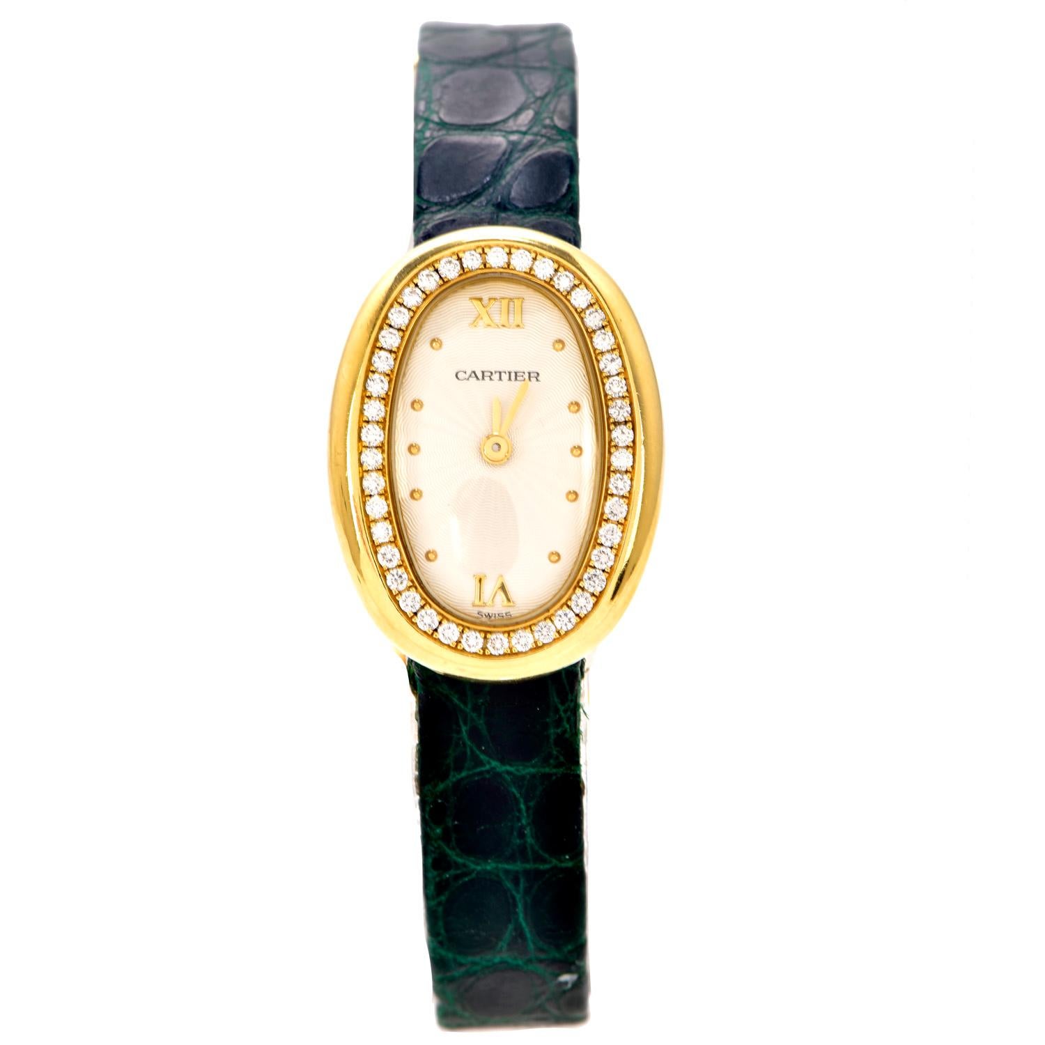 This Cartier 1990s Baignoire Diamond 18K Gold Vintage Ladies Watch is a delicate example of Cartier’s designs timelessness weighing 28.5 grams

Expertly crafted in solid heavy 18k yellow gold, composed of  (42) Genuine Dazzling Diamonds round-cut,