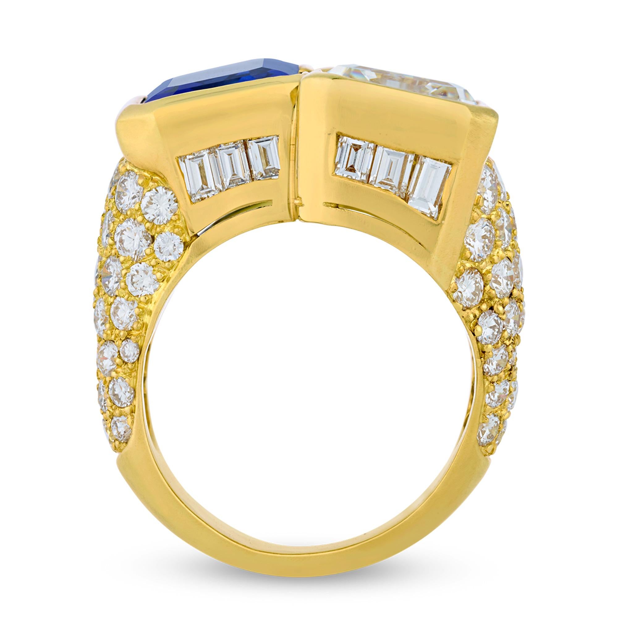 Modern Cartier Monture Emerald Cut Diamond And Sapphire Ring For Sale