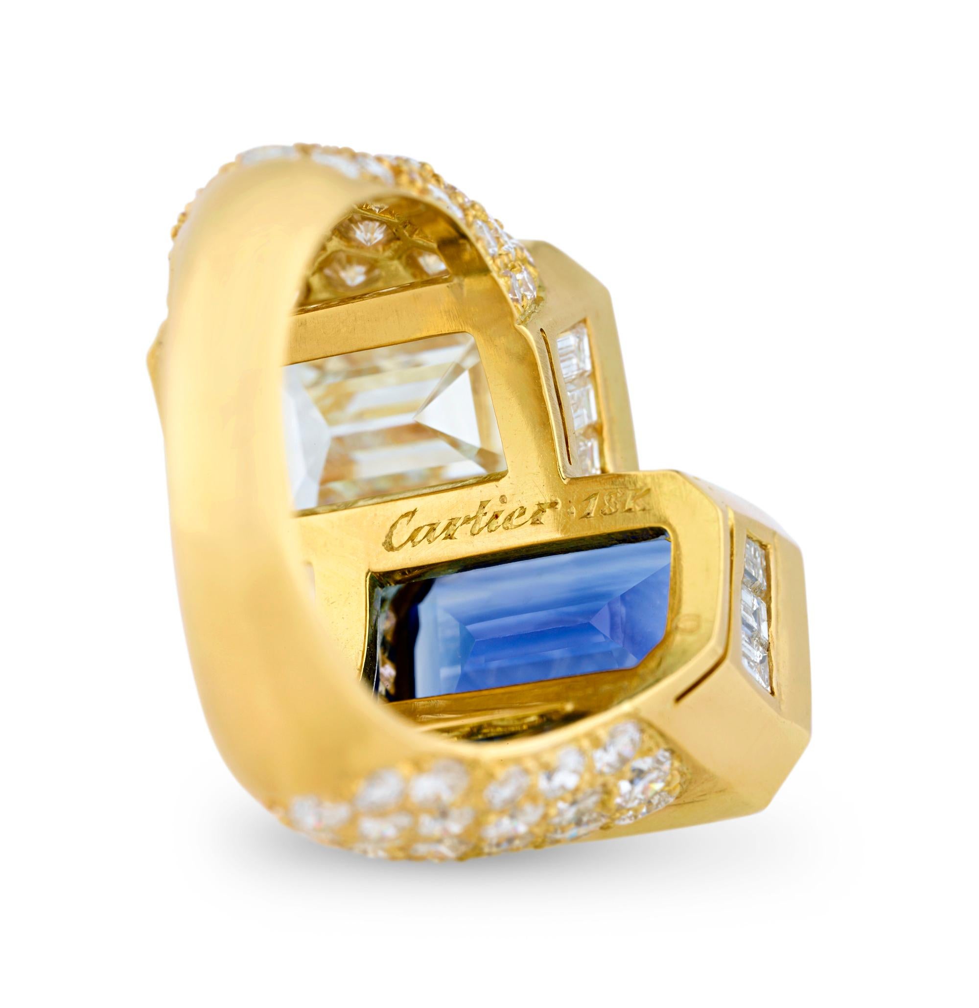 Cartier Monture Emerald Cut Diamond And Sapphire Ring In Excellent Condition For Sale In New Orleans, LA