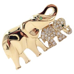 Vintage Cartier Mother and Child Elephant Diamond Yellow Gold Brooch Pin