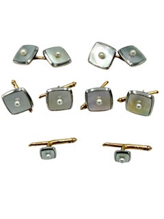 Cartier Mother of Pearl and Pearl 14 Karat Cufflinks and Stud Set