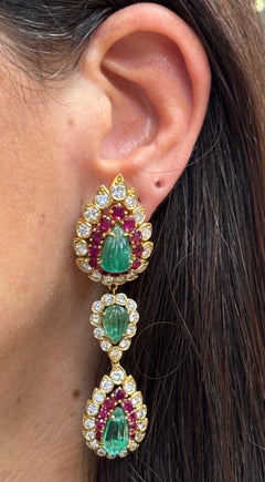 Cartier Mughal Inspired Carved Emerald Ruby and Diamond Day and Night Earrings