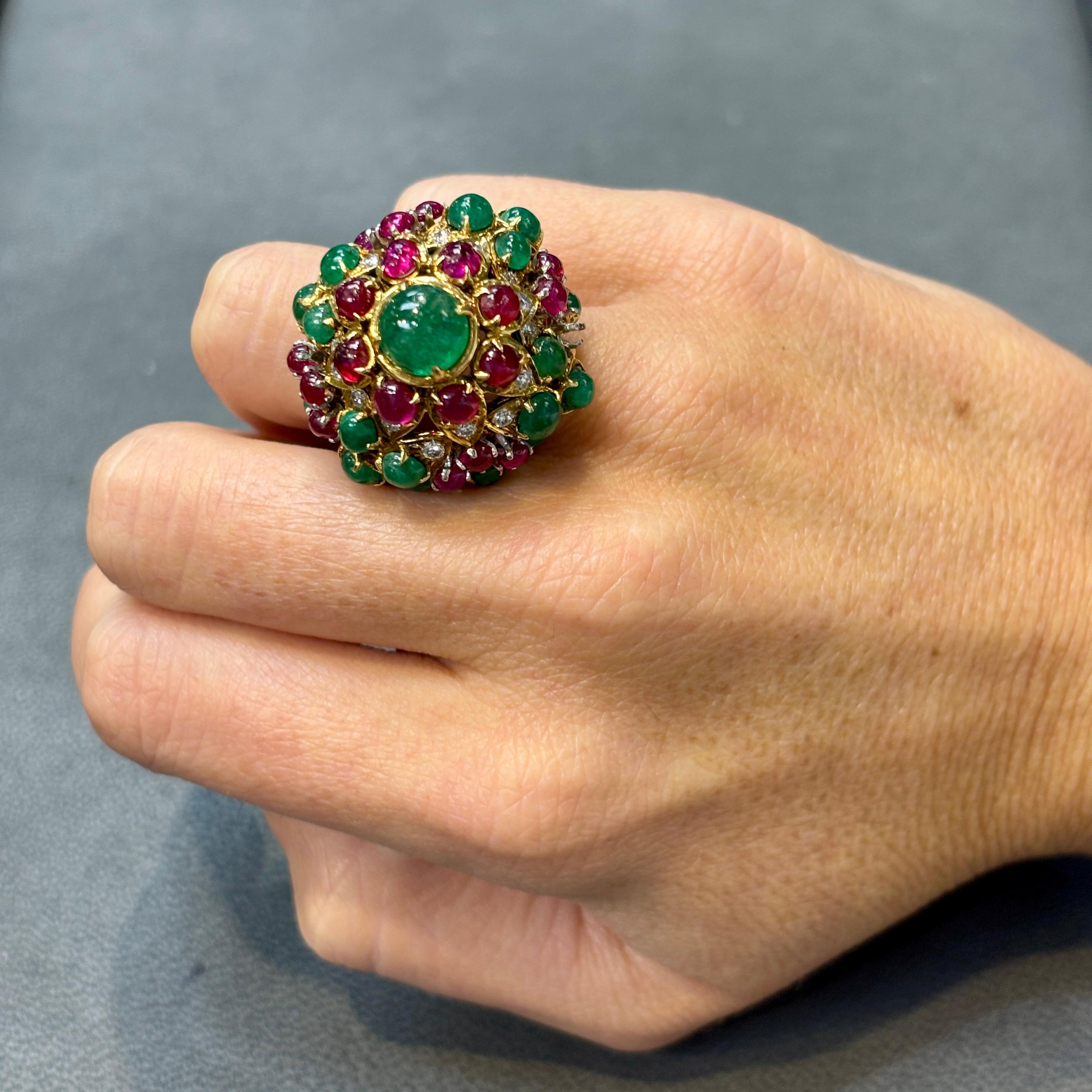 Cabochon Cartier Mughal Style Ruby & Emerald Cocktail Ring For Sale