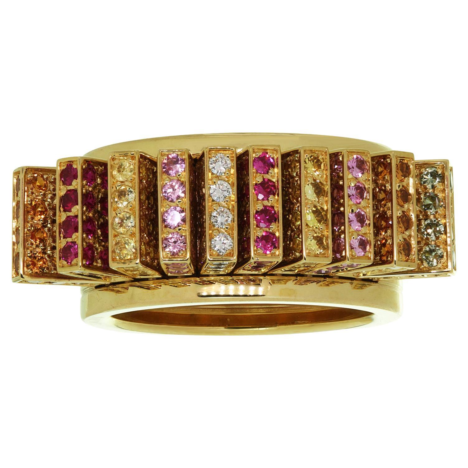 Cartier Multi-color Sapphire Diamond Fan Yellow Gold Ring