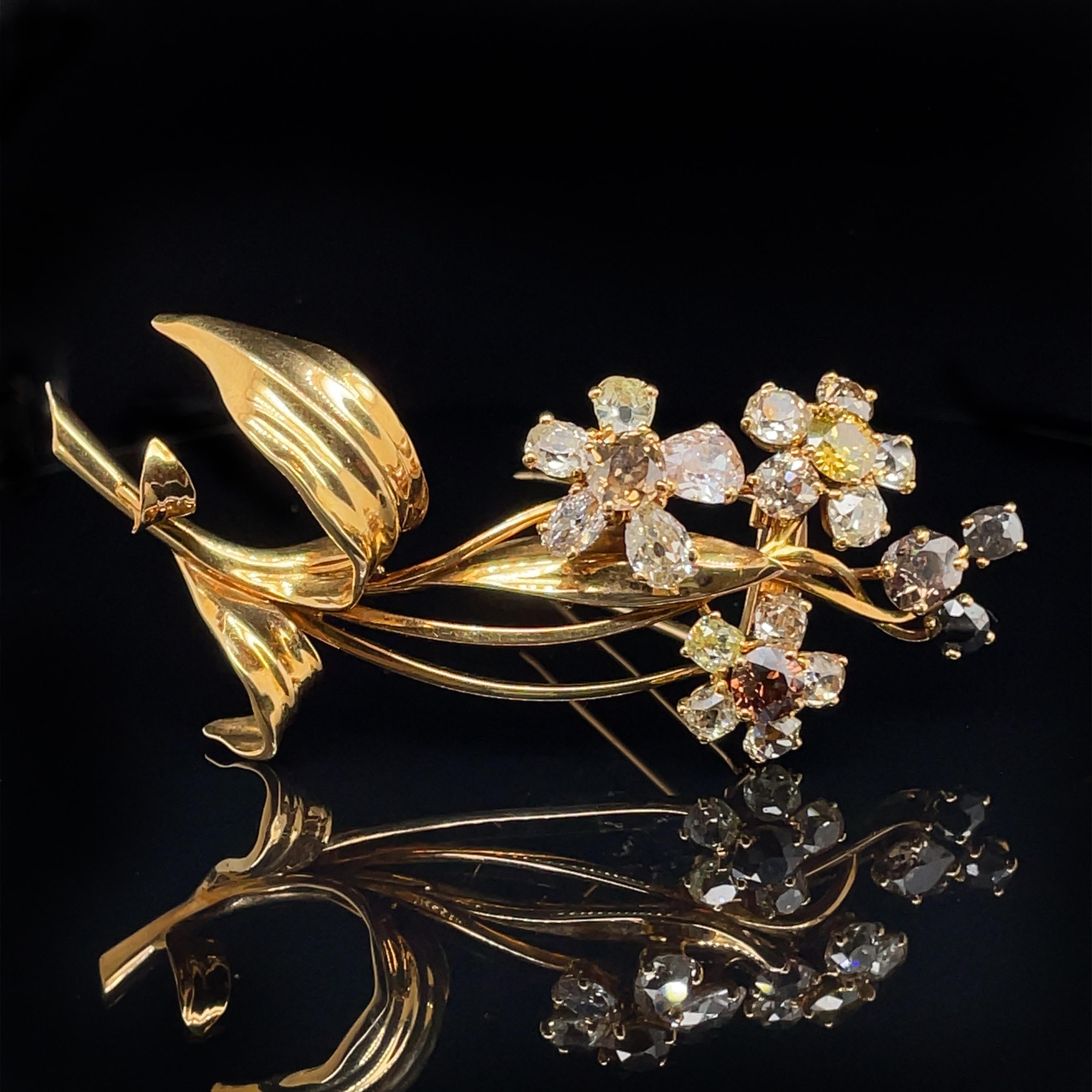 Retro Cartier Multi-Colored Old-Cut Diamond Flower Brooch, ca. 1940s

A beautiful naturalistic flower brooch by Cartier Paris from the 1940s. The flowers are blossoming with very enchanting old-cut, old-mine and pear-shaped diamonds in various