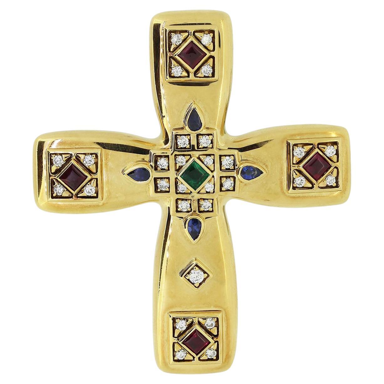 Cartier Multi Gemstone Byzantine Cross Pendant Brooch For Sale