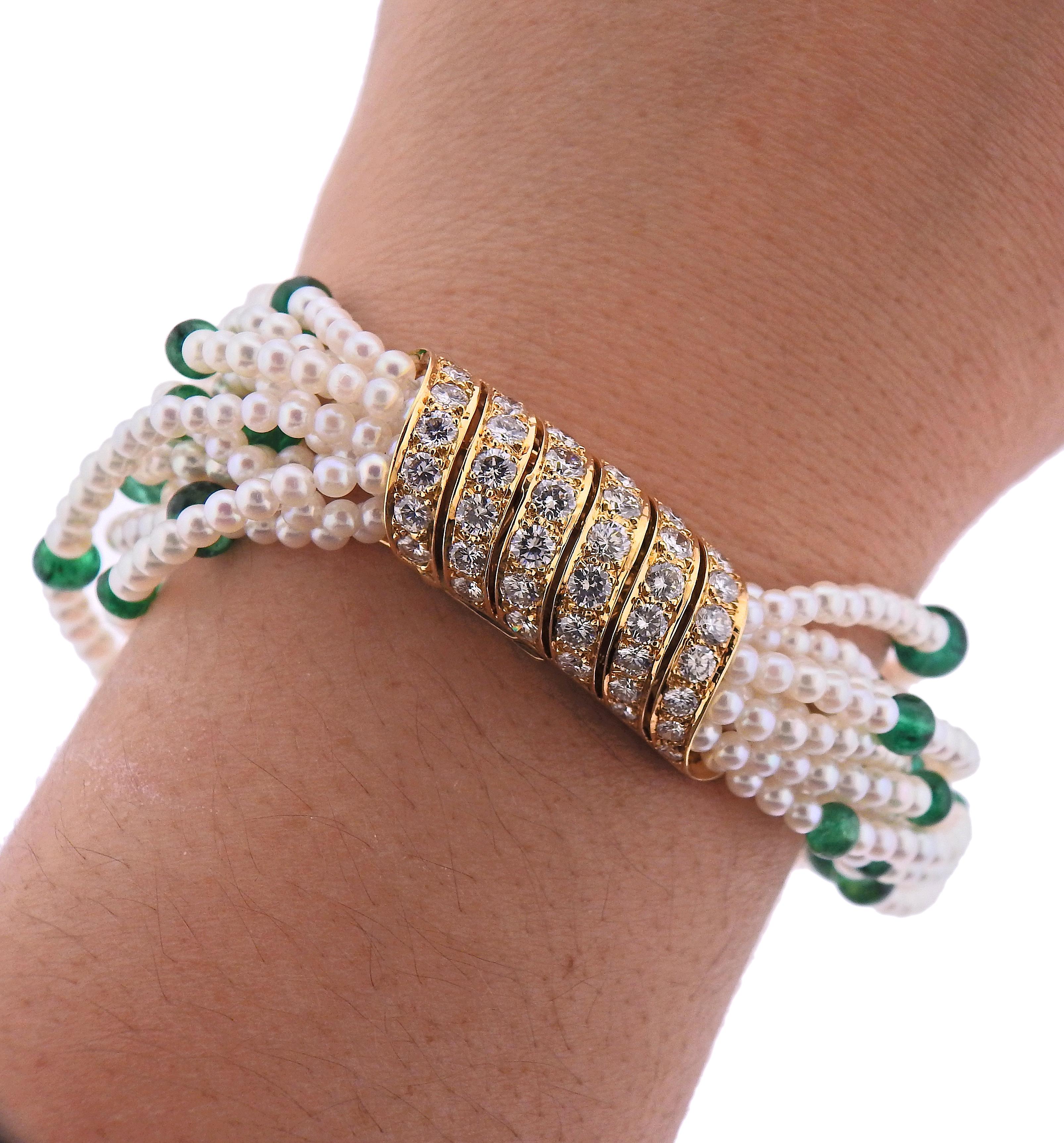 Round Cut Cartier Multi Strand Pearl Emerald Diamond Gold Bracelet