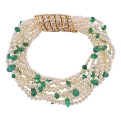 Cartier Multi Strand Pearl Emerald Diamond Gold Bracelet