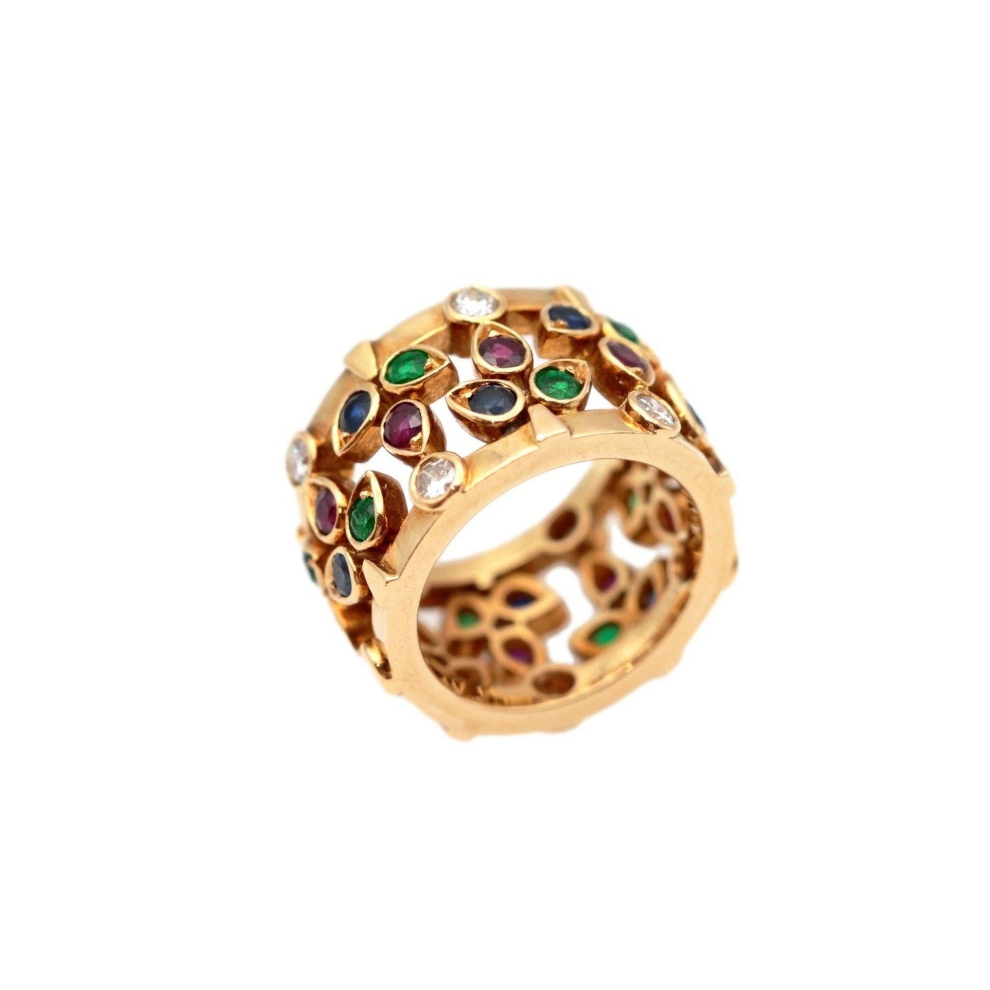 Cartier Multicolor Diamond, Emerald, Ruby, Sapphire Ring in 18K Yellow Gold

Additional Information:
Brand: Cartier
Gender: Women
Model: multicolor ring
Gemstone: Diamond, Emerald, Ruby, Sapphire
Condition: Good
Condition details: The item has been