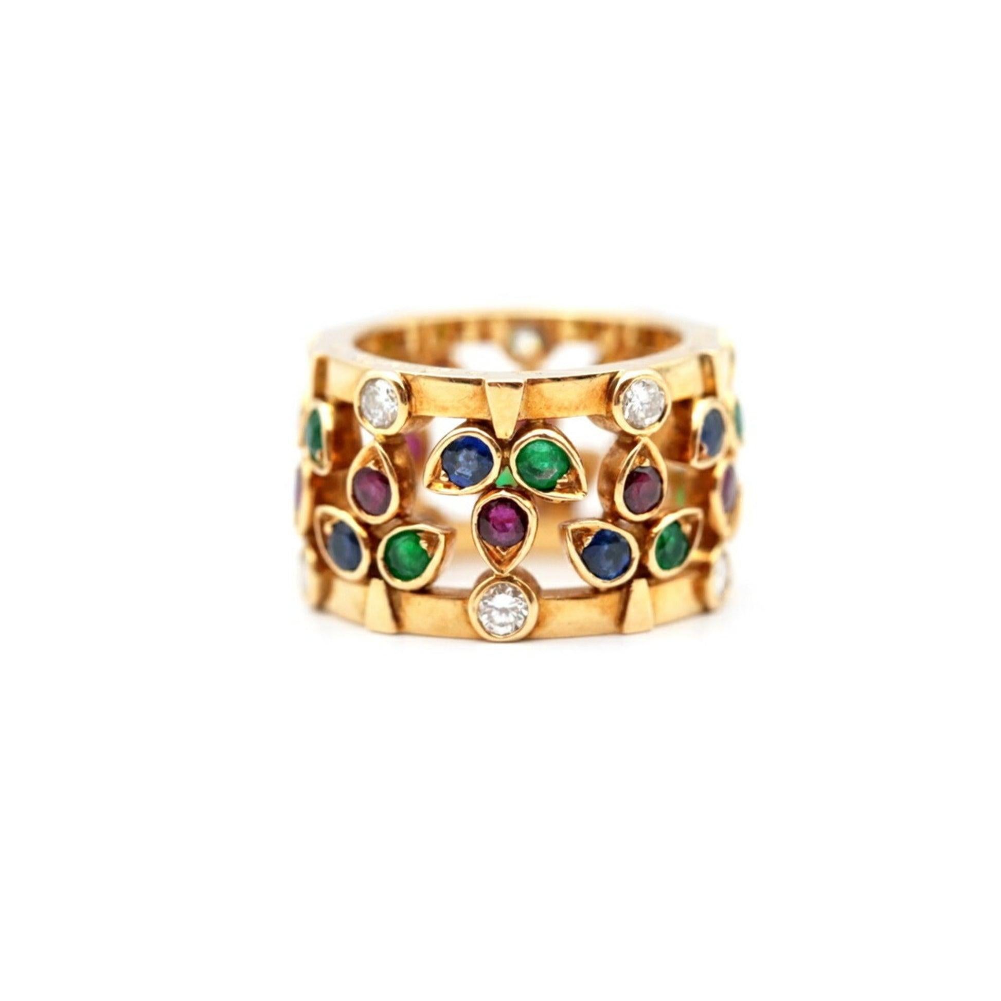 Women's Cartier Multicolor Diamond, Emerald, Ruby, Sapphire Ring in 18K Yellow Gold For Sale