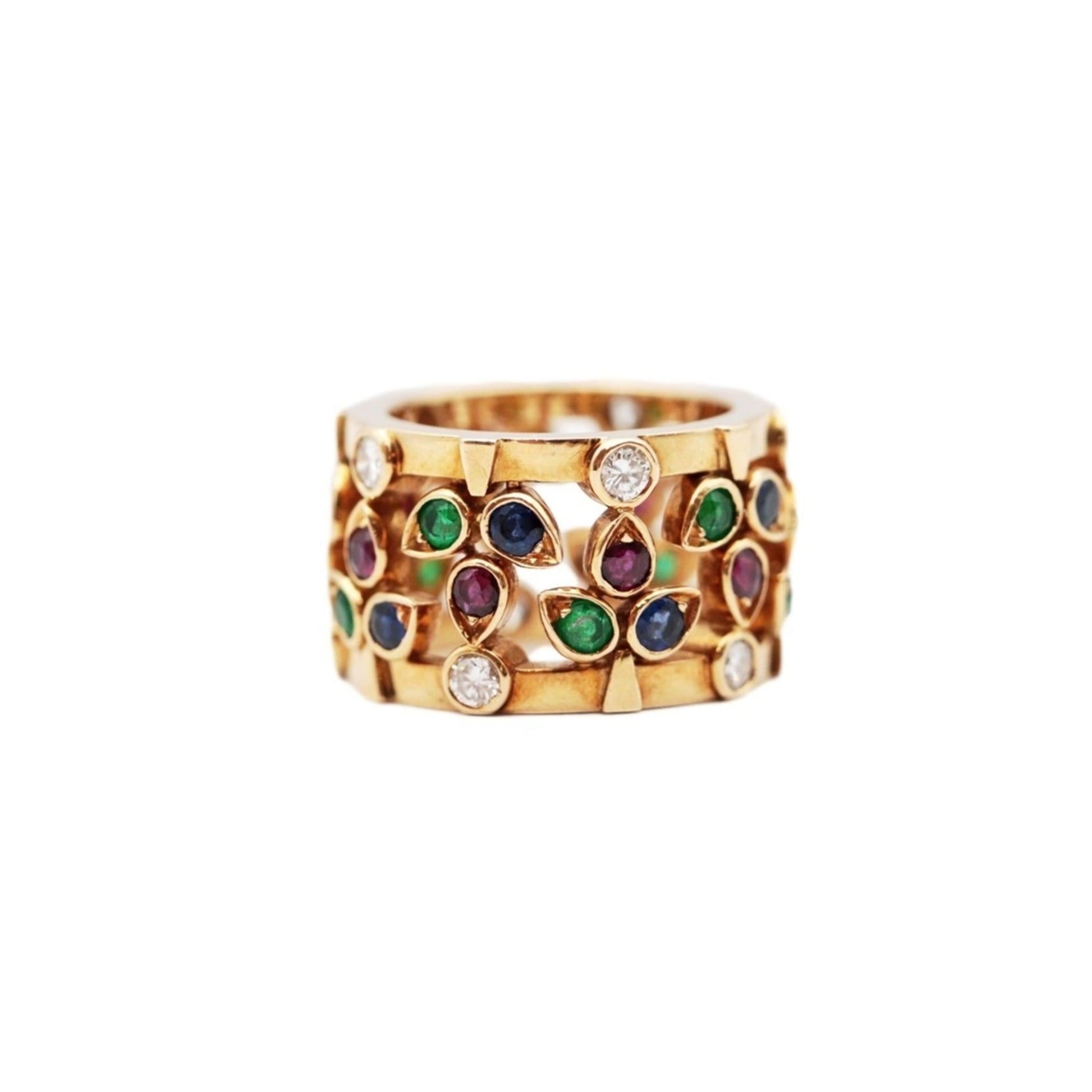 Cartier Multicolor Diamond, Emerald, Ruby, Sapphire Ring in 18K Yellow Gold For Sale 1