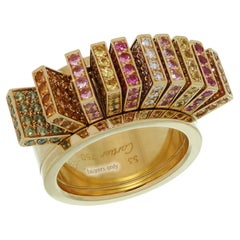 Cartier Multicolor Sapphire Diamond Fan Yellow Gold Ring