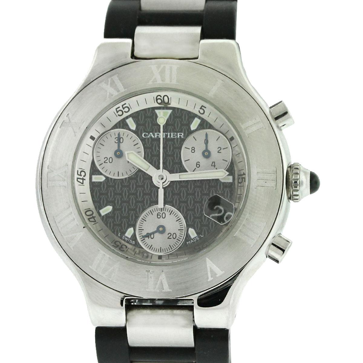 Brand-Cartier
MPN-W10125U2
Model-Must 21
Case Material-Stainless steel
Case Diameter-38.5 mm
Bezel-Fixed Stainless Steel Bezel
Dial-Black Chronoscaph Dial
Bracelet-Cartier black rubber strap.
Crystal-Sapphire crystal
Size-Will fit up to a 7