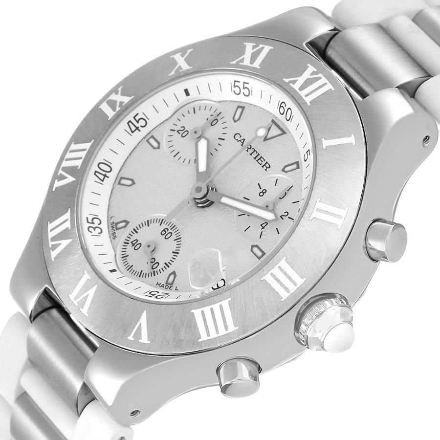 Cartier Must 21 Chronoscaph White Rubber Steel Ladies Watch W10184U2 In Excellent Condition In Atlanta, GA