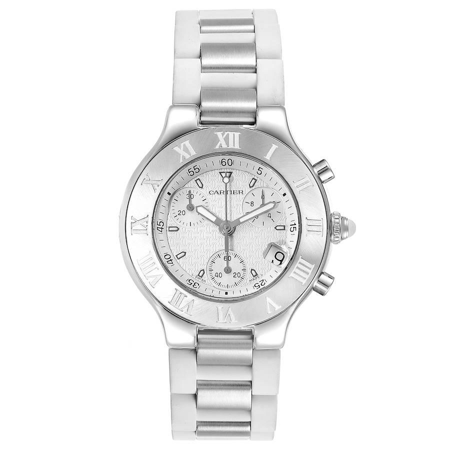 Cartier Must 21 Chronoscaph White Rubber Unisex Watch W10184U2. Quartz movement. Round stainless steel case 38.0 mm in diameter. Crown set with white ruber cabochon. Stainless steel bezel with engraved roman numerals. Scratch resistant sapphire