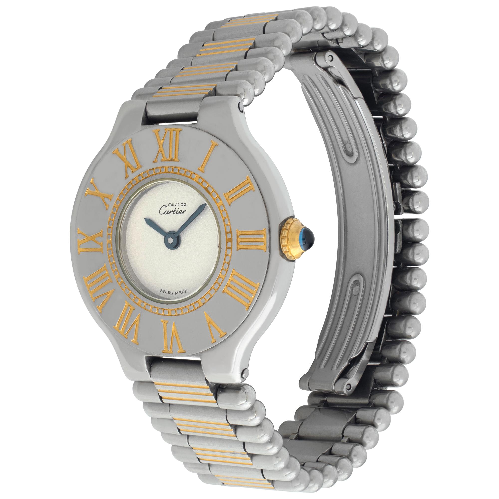 Cartier Must 21 in stainless steel & gold plate. Quartz. 28 mm case size. Circa 1990s. Fine Pre-owned Cartier Watch. Certified preowned Vintage Cartier Must 21 watch is made out of Stainless steel on a Stainless Steel & Gold Plated bracelet with a