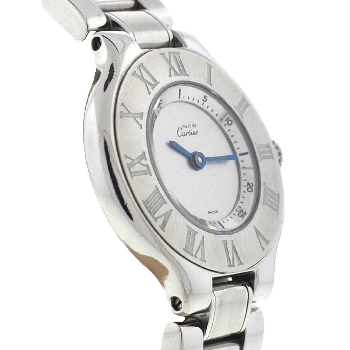 Company-Cartier
Model-Must 21
Case Metal-Stainless Steel
Case Size -27.5mm
Dial-Silver- Minute hand is fading and minute markers around the dial is also fading
Bezel-Stainless Steel
Crystal-Sapphire Scratch Resistant -
Bracelet-Stainless Steel -