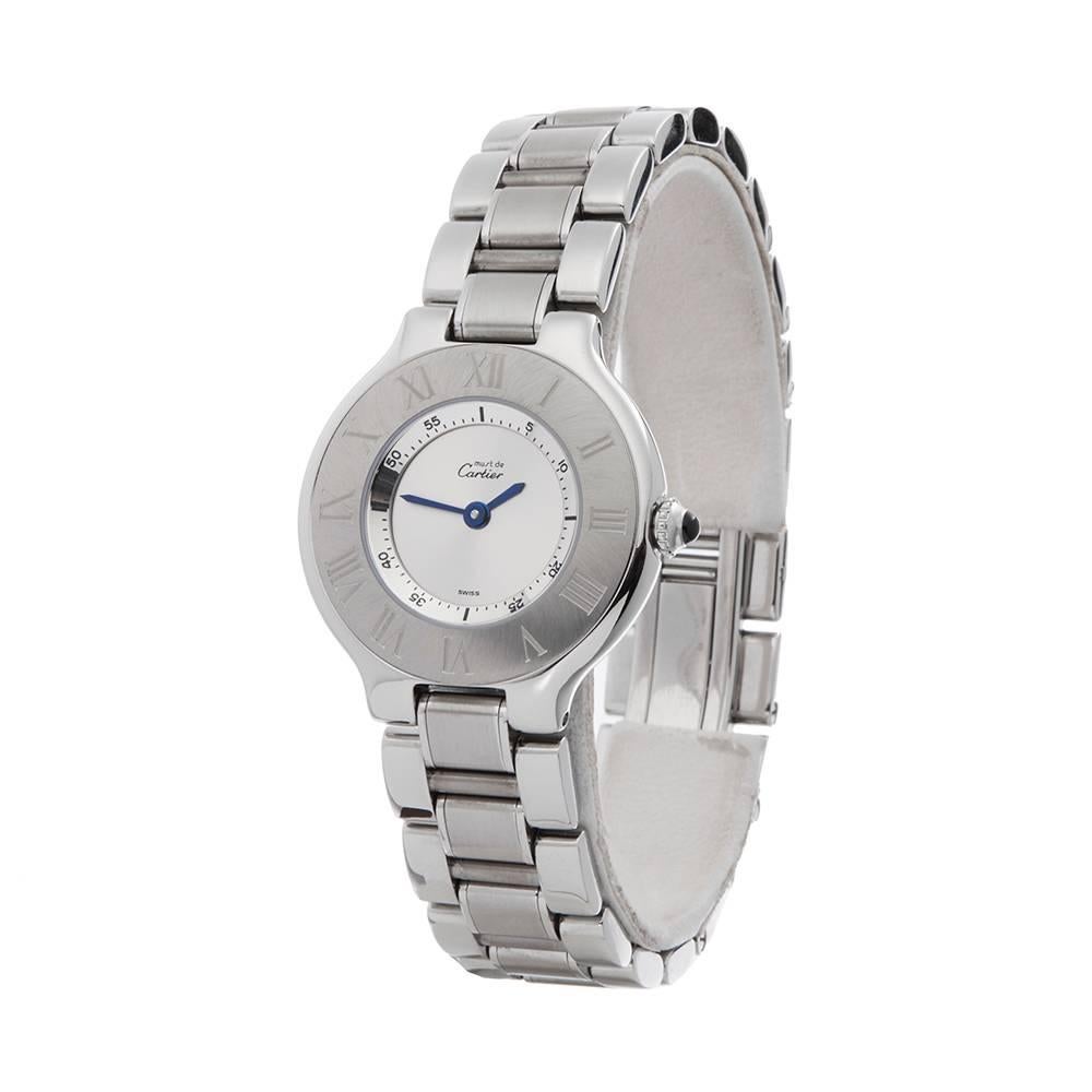 Ref: W4722
Manufacturer: Cartier
Model: Must de 21
Model Ref: 1340 or W10073R6
Age: 1990's
Gender: Ladies
Complete With: Xupes Presentation Pouch 
Dial: Silver
Glass: Sapphire Crystal
Movement: Quartz
Water Resistance: To Manufacturers