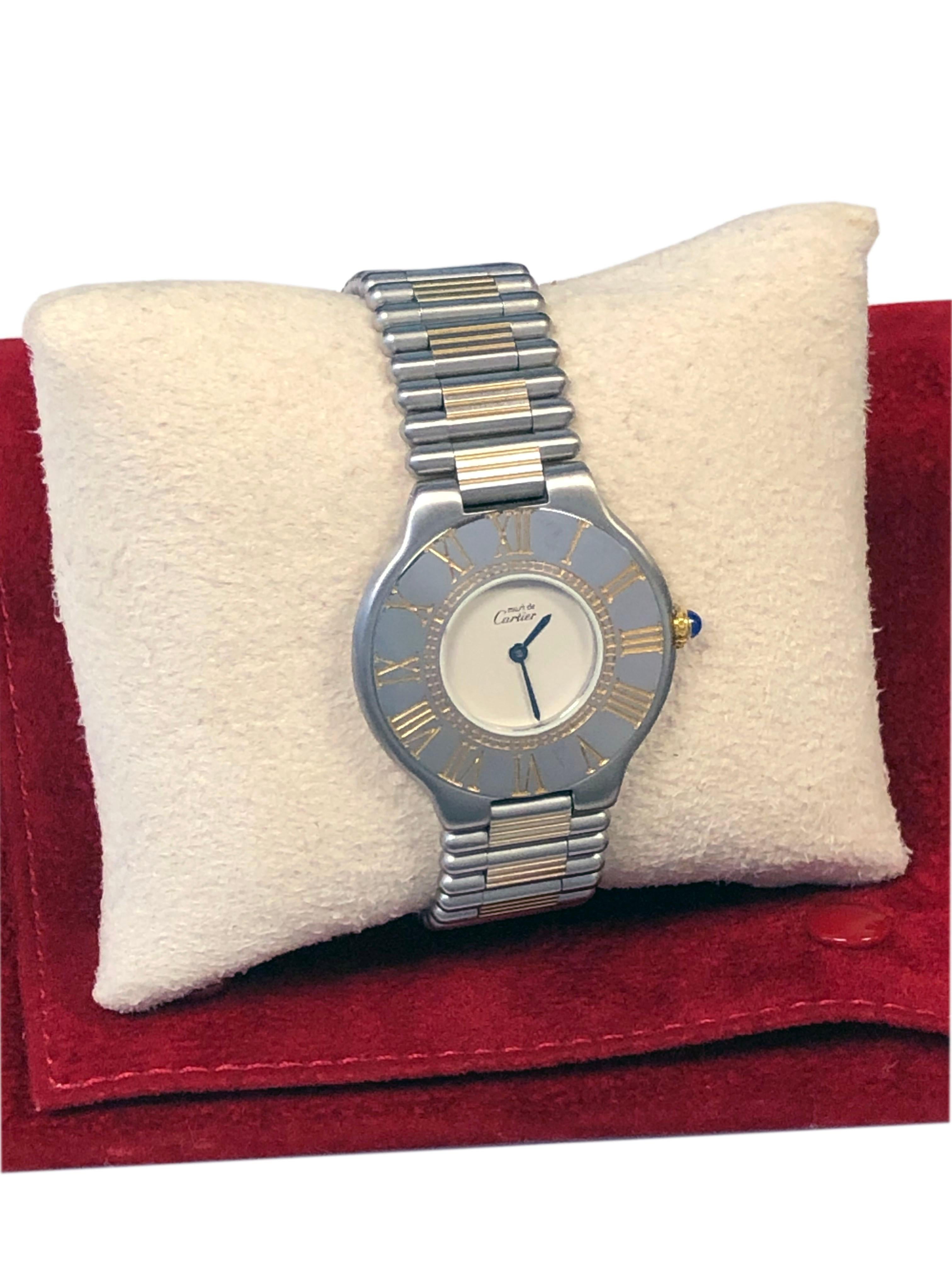Women's or Men's Cartier Must De Cartier 21 Mid Size Steel and Gold accent Quartz Wrist watch For Sale