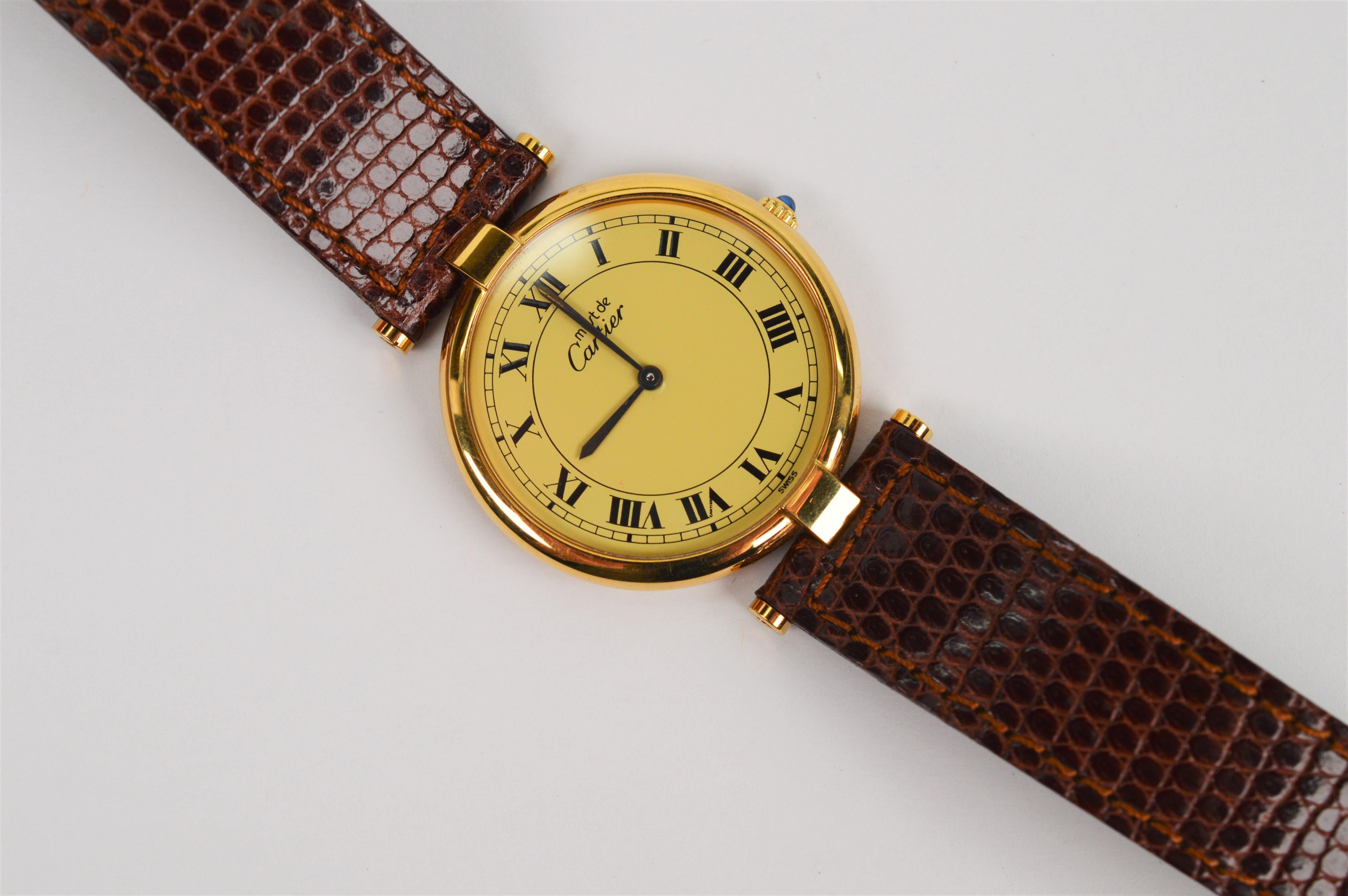 Women's or Men's Cartier Must de Cartier Argent Plaque Oro Quartz 30mm Wrist Watch w Box Papers
