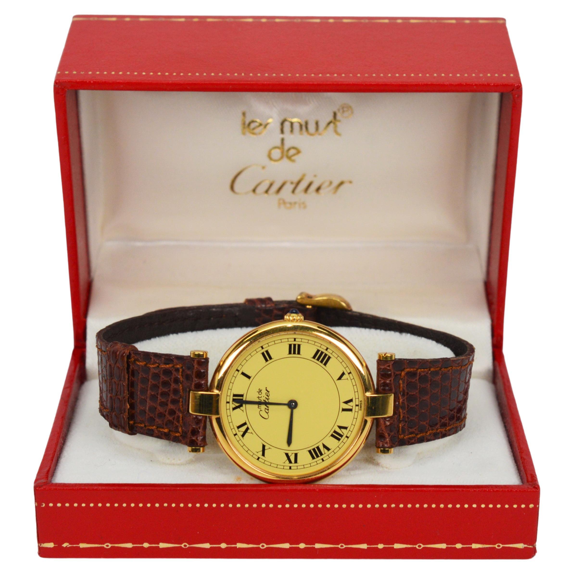 Cartier Must de Cartier Argent Plaque Oro Quartz 30mm Wrist Watch w Box Papers