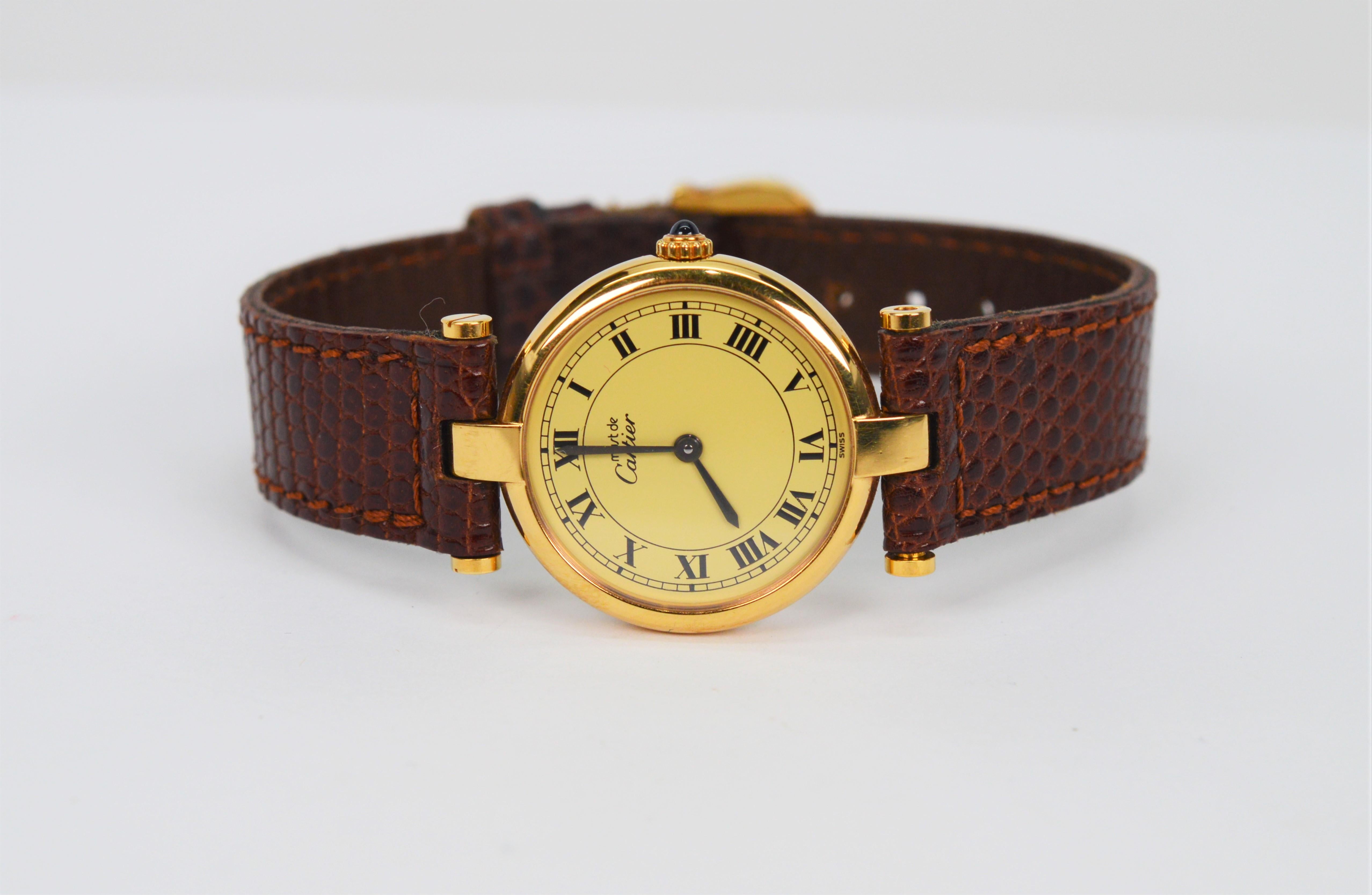 Cartier Must de Cartier Argent Plaque Oro Vendrome Quartz Wrist Watch w Box In Excellent Condition In Mount Kisco, NY