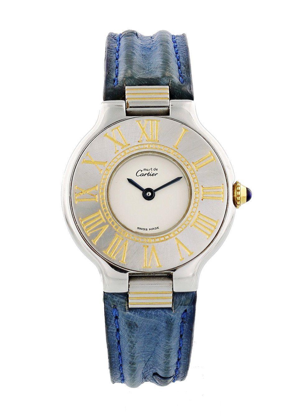 Cartier Must de Cartier Ladies Watch.
28mm Stainless Steel case. 
Stainless Steel Stationary bezel. 
White dial with  Blue steel hands. 
Leather Ostrich Strap with Fold Over Clasp. 
Will fit up to a 6-inch wrist. 
Sapphire Crystal, Stainless steel