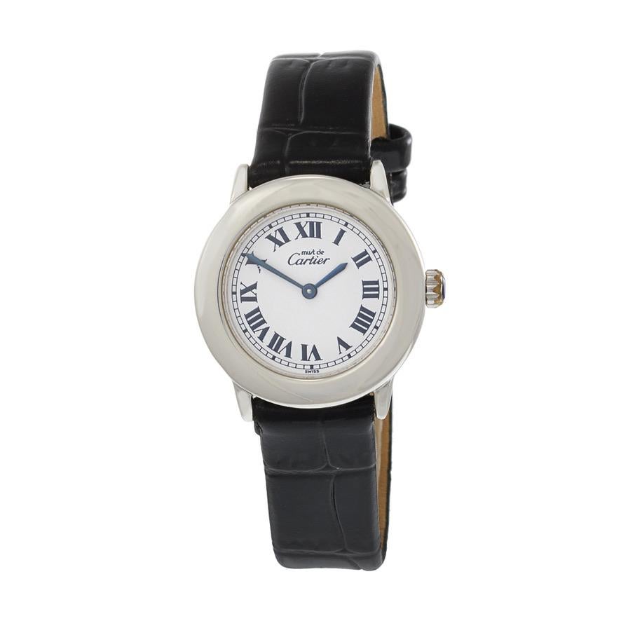 PRE-OWNED 1990'S MUST DE CARTIER 27MM .925 STERLING SILVER CASE, LEATHER STRAP. WHITE DIAL WITH ROMAN NUMERAL MARKERS BLUE SWORD SHAPED HANDS, QUARTZ. REF. 1806.

This watch has been tested and is running well. It will come with a one year warranty.